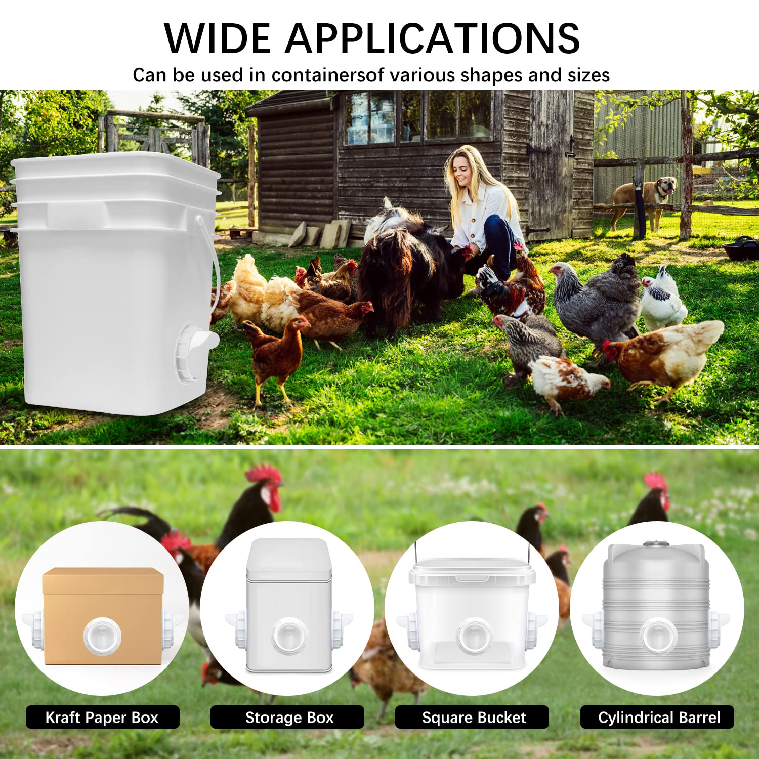 Chicken Feeder Port, 6 Pack Chicken Feeders No Waste with 6 Lids 1 Drill Bit, DIY Automatic Poultry Feeder Cups Kit, Chicken Bucket Feeder for Barrels (White)