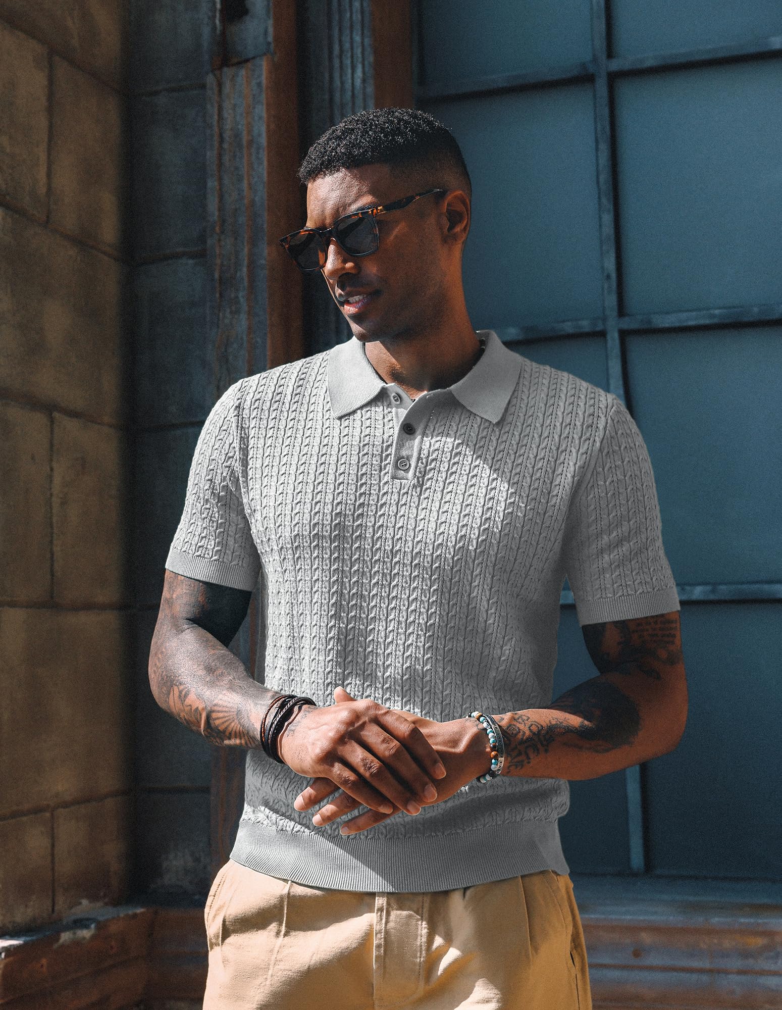 PJ PAUL JONES Mens Knit Polo Shirt Short Sleeve Hollow Out Knit Shirt Texture Knitted Polo