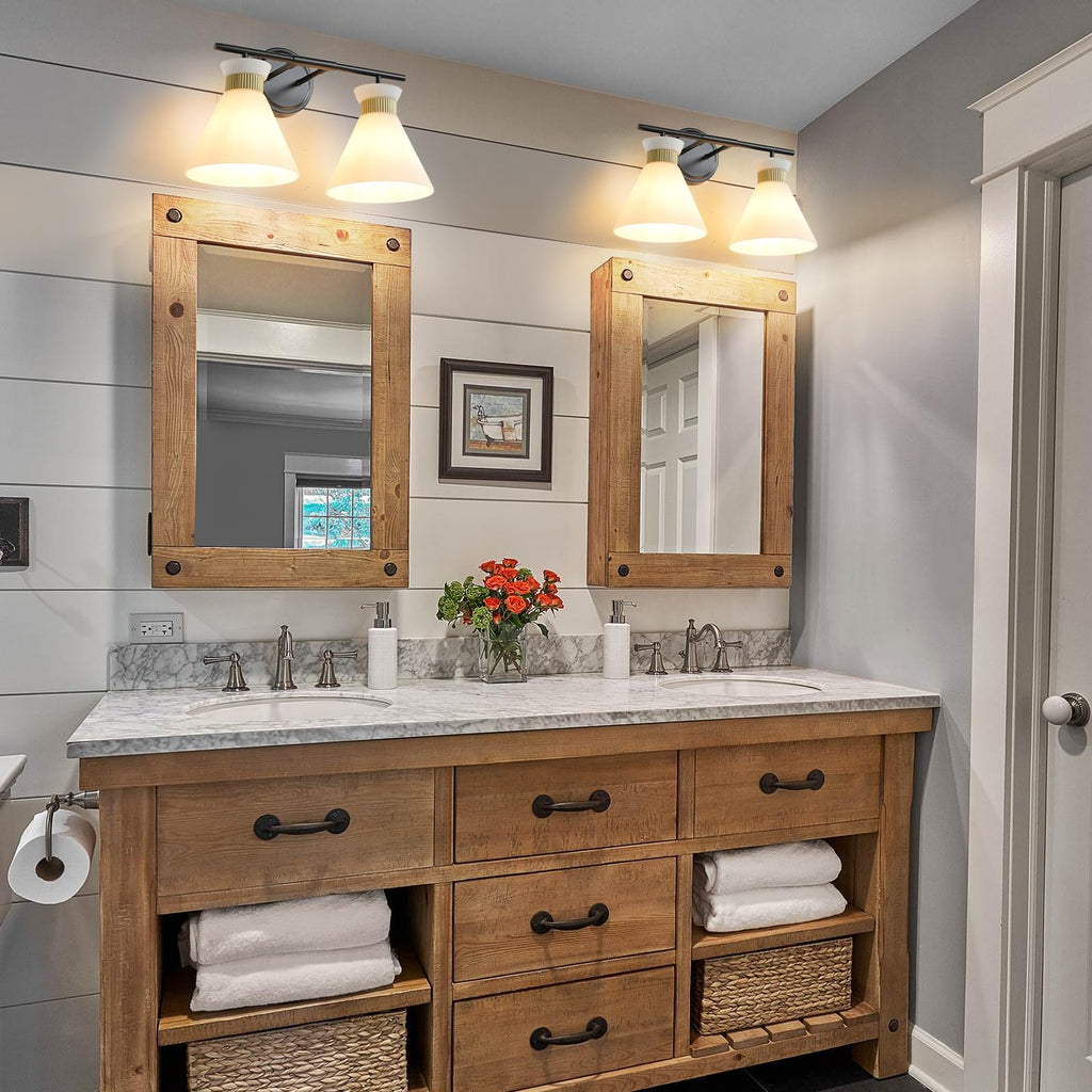 WOSHITU Gold Bathroom Light Fixtures: Modern Vanity Lighting Fixtures 2 Lights for Bathroom Mid Century Vanity Light Sconces Over Mirror with Frosted Milky Glass for Bath Bedroom Makeup