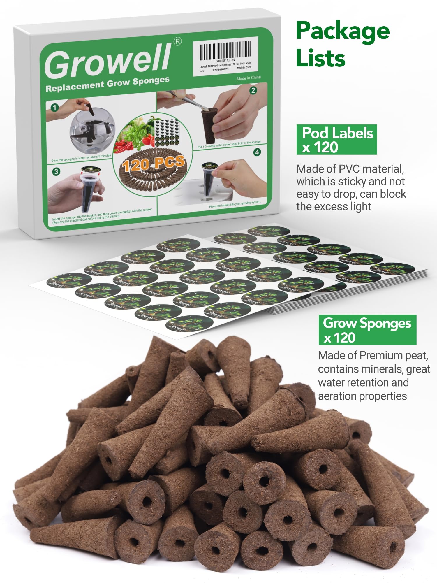 Growell Grow Sponges, 120 Pack Hydroponic Pods, Seed Pods Replacement Sponges Compatible with Aerogarden and Others, Hydroponic sponges for All Indoor Hydroponics Growing System