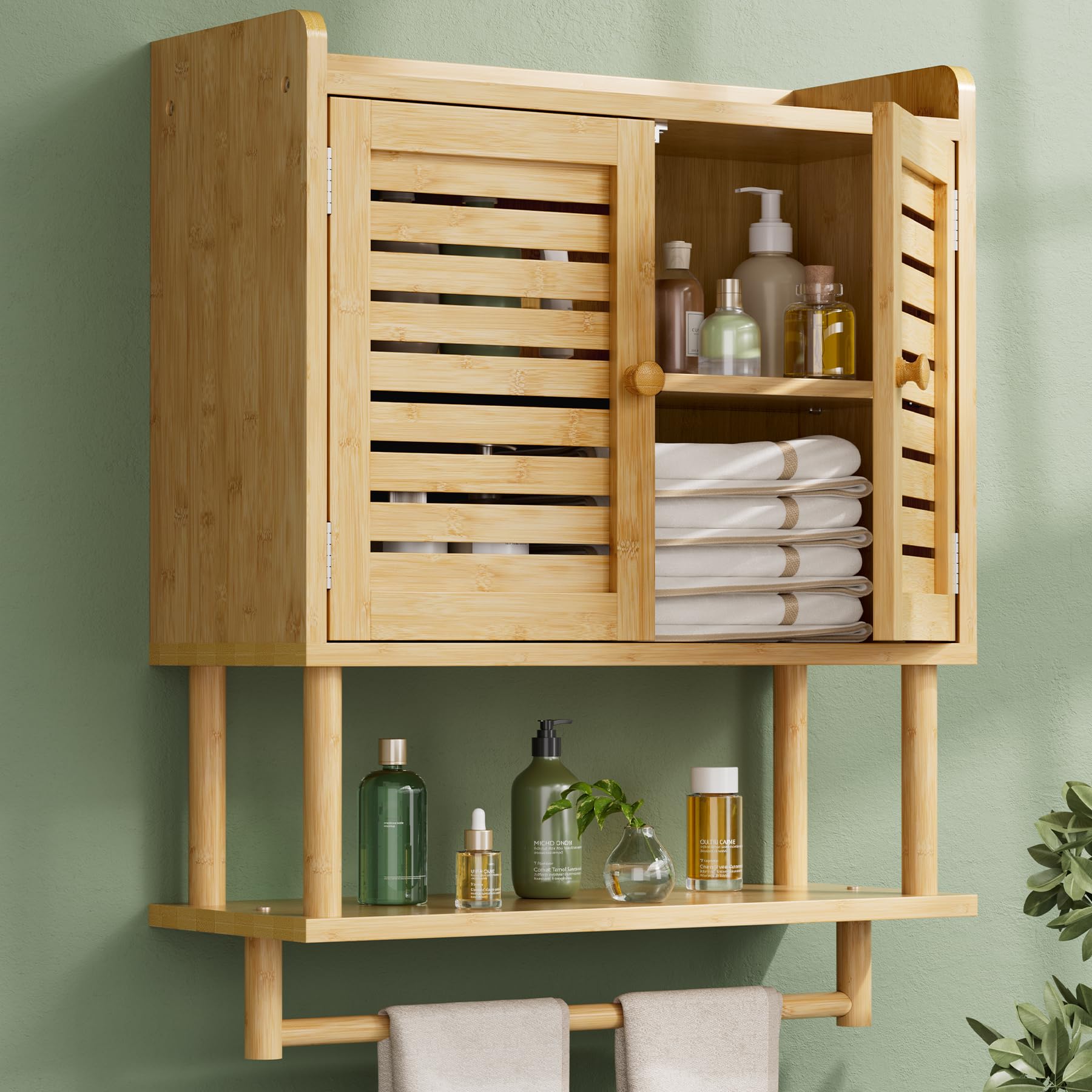 AmazerBath Bathroom Wall Cabinets, Bamboo Medicine Cabinet with Rattan Door, Over The Toilet Storage Cabinet with Towel Bar, Wall Mounted Cabinet with Adjustable Shelves for Small Spaces
