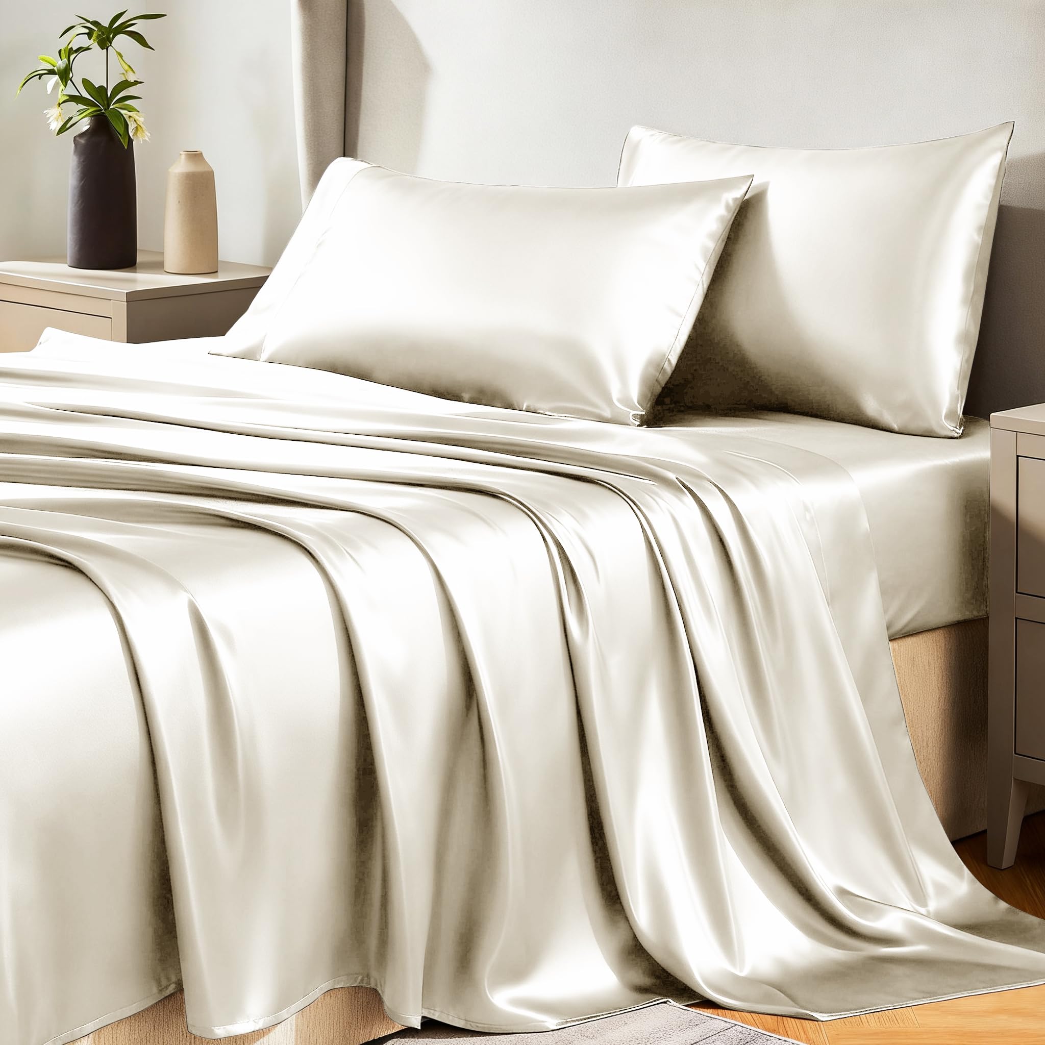 CozyLux Satin Sheets Twin Sheet Set - Silky Soft Bedding Similar to Silk, 3 Piece Sheets for Hair and Skin, Deep Pocket with All-Around Elastic, Home Decor for Bedroom, Black