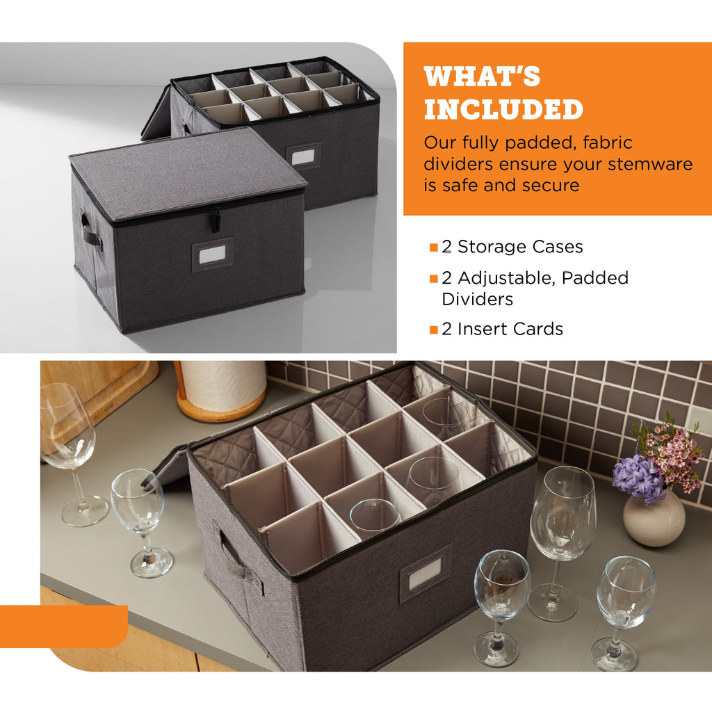 storageLAB Wine Glass Storage Containers, Hard Shell Organizer for Stemware and Glassware Sets, Stackable Wine Glass Storage Box with Dividers for Kitchen and Moving Supplies - 1 Pack, Cream