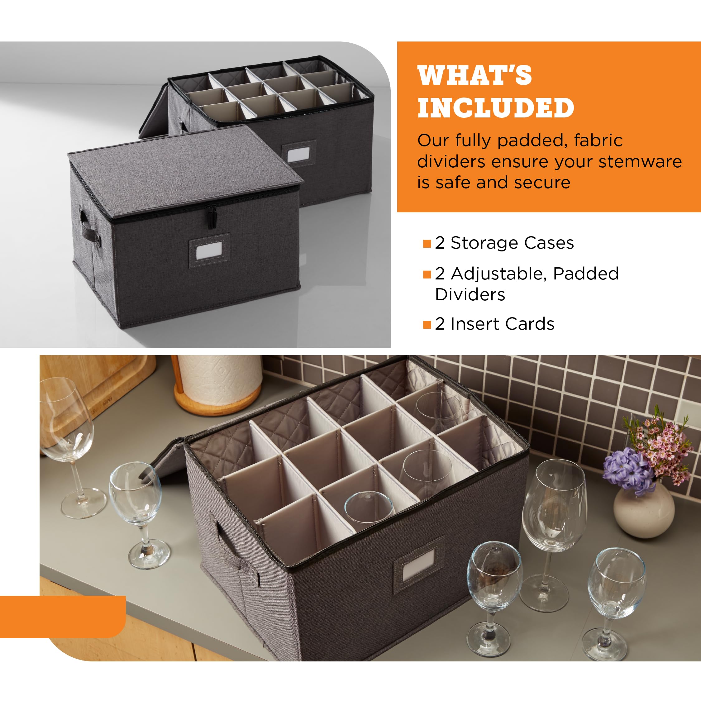 storageLAB Wine Glass Storage Containers, Hard Shell Organizer for Stemware and Glassware Sets, Stackable Wine Glass Storage Box with Dividers for Kitchen and Moving Supplies - 1 Pack, Cream