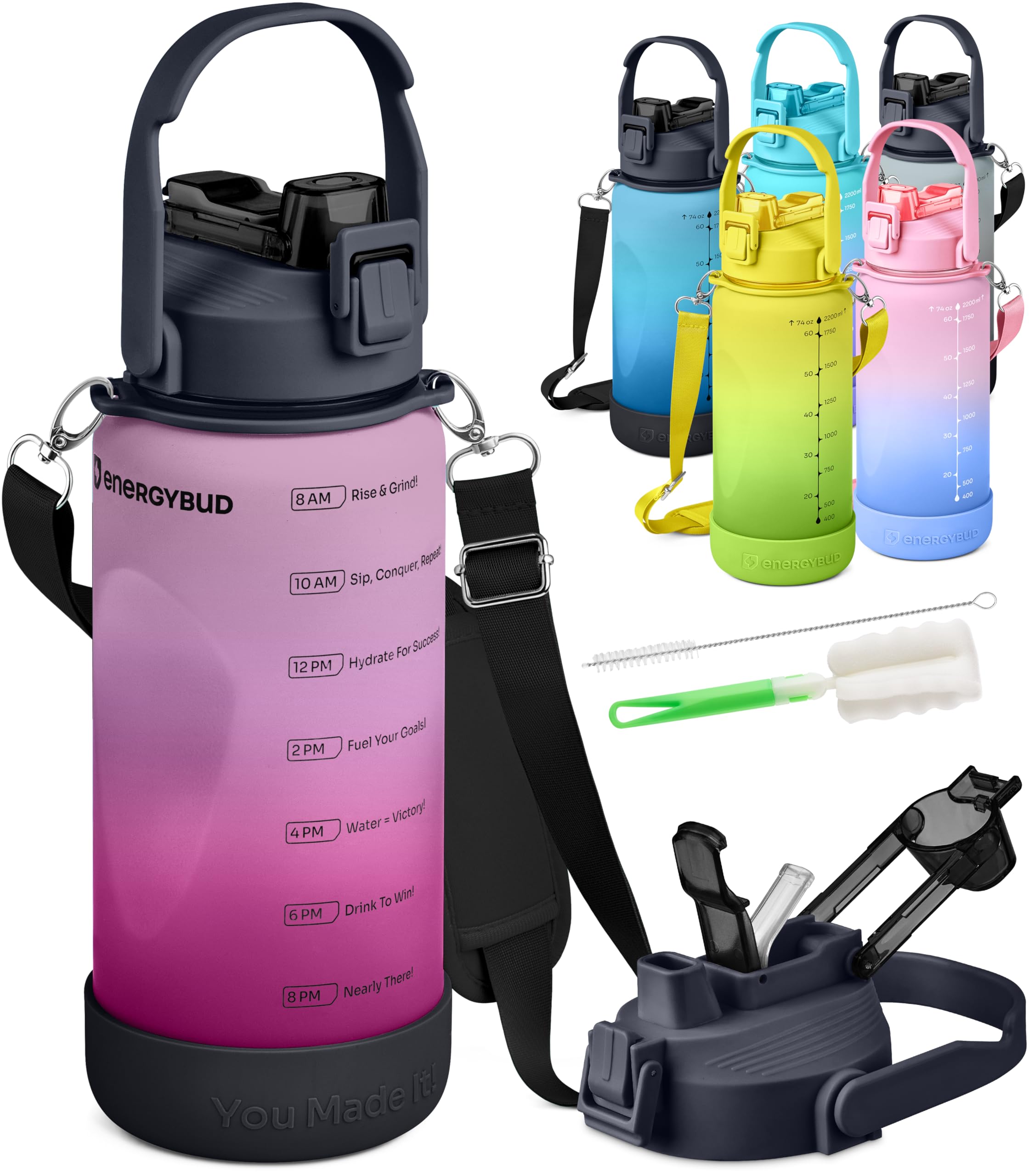 1/2 Gallon Water Bottle with 74.3 oz Capacity - Motivational Time Markers for Daily Hydration Goals - Leakproof BPA Free Tritan with Removable Straw