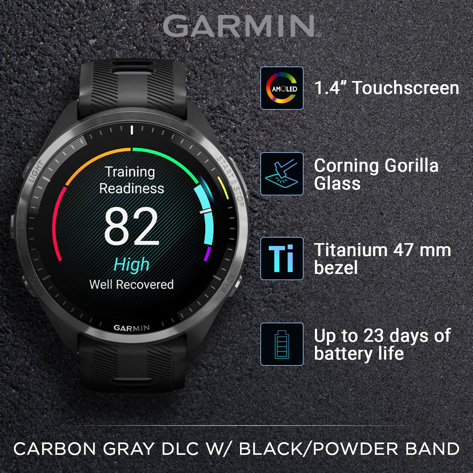 Garmin Forerunner 965 Premium GPS Running and Triathlon 47 mm Smartwatch with AMOLED Touchscreen Display, Carbon Gray DLC Titanium Bezel and Yellow Silicone Band + Black Earbuds Bundle