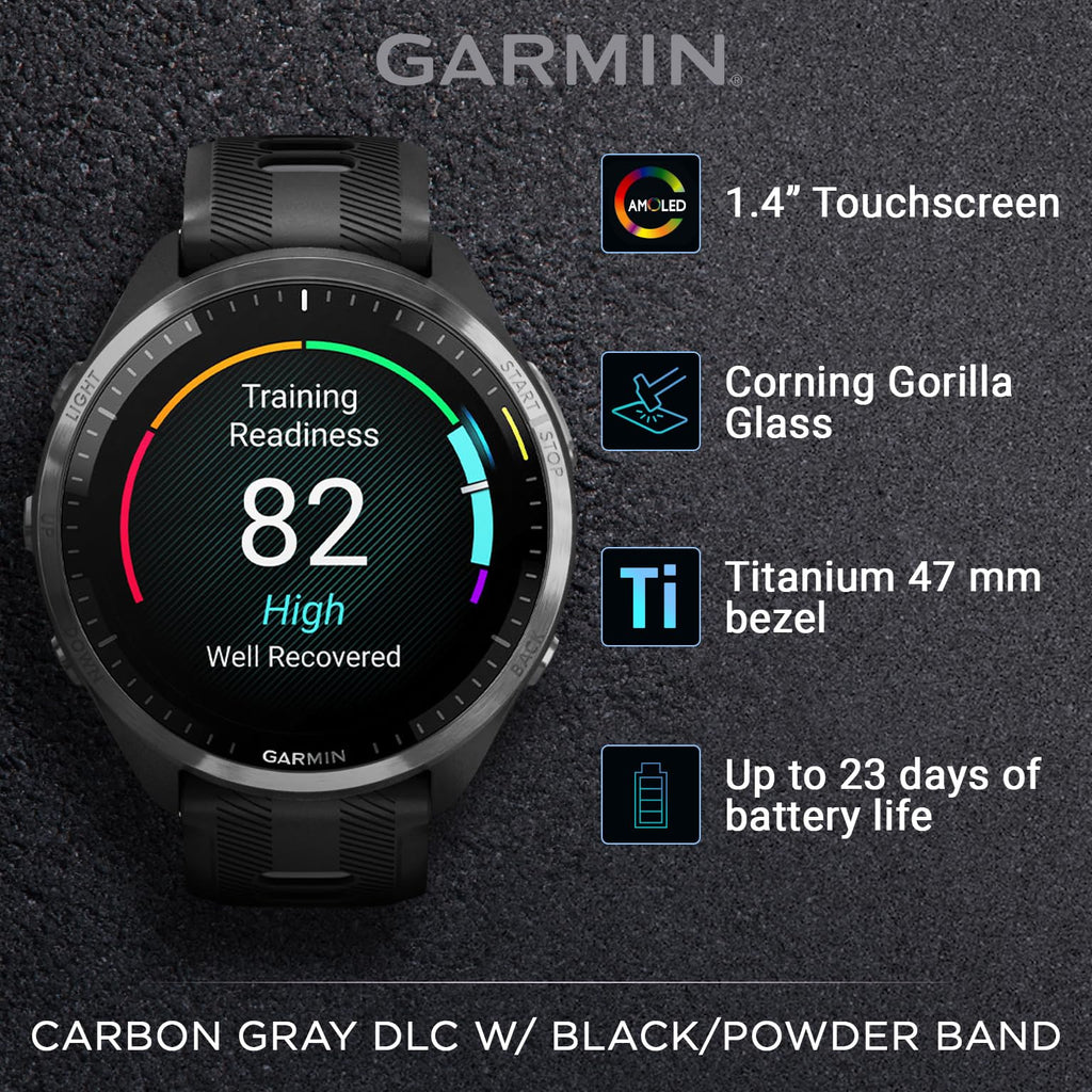 Garmin Forerunner 965 Premium GPS Running and Triathlon 47 mm Smartwatch with AMOLED Touchscreen Display, Carbon Gray DLC Titanium Bezel and Yellow Silicone Band + Black Earbuds Bundle