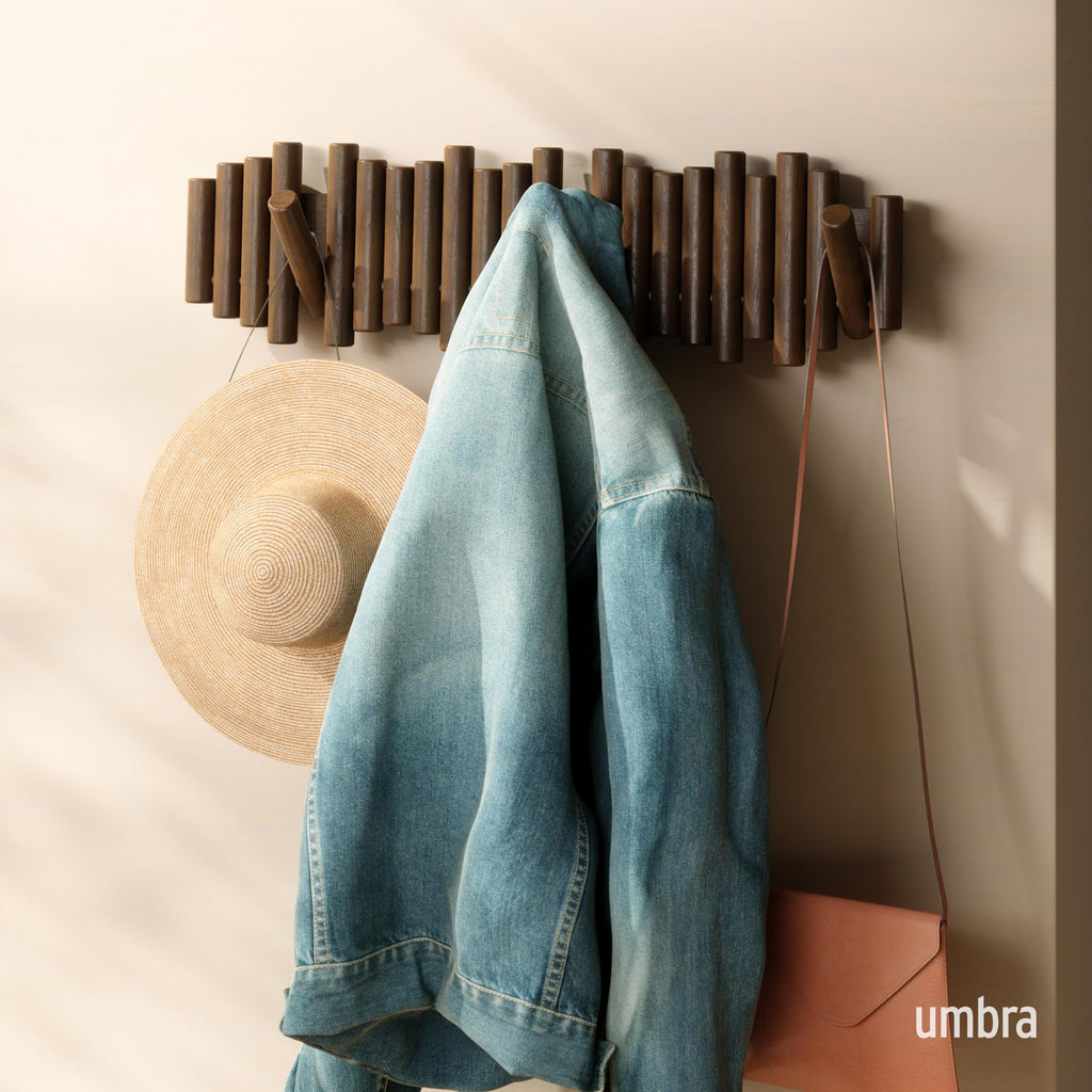 Umbra Picket Wall-Mounted Coat Rack Rail Hook with 5 Retractable Wood Pegs – Modern, Space-Saving Storage Organizer, Black