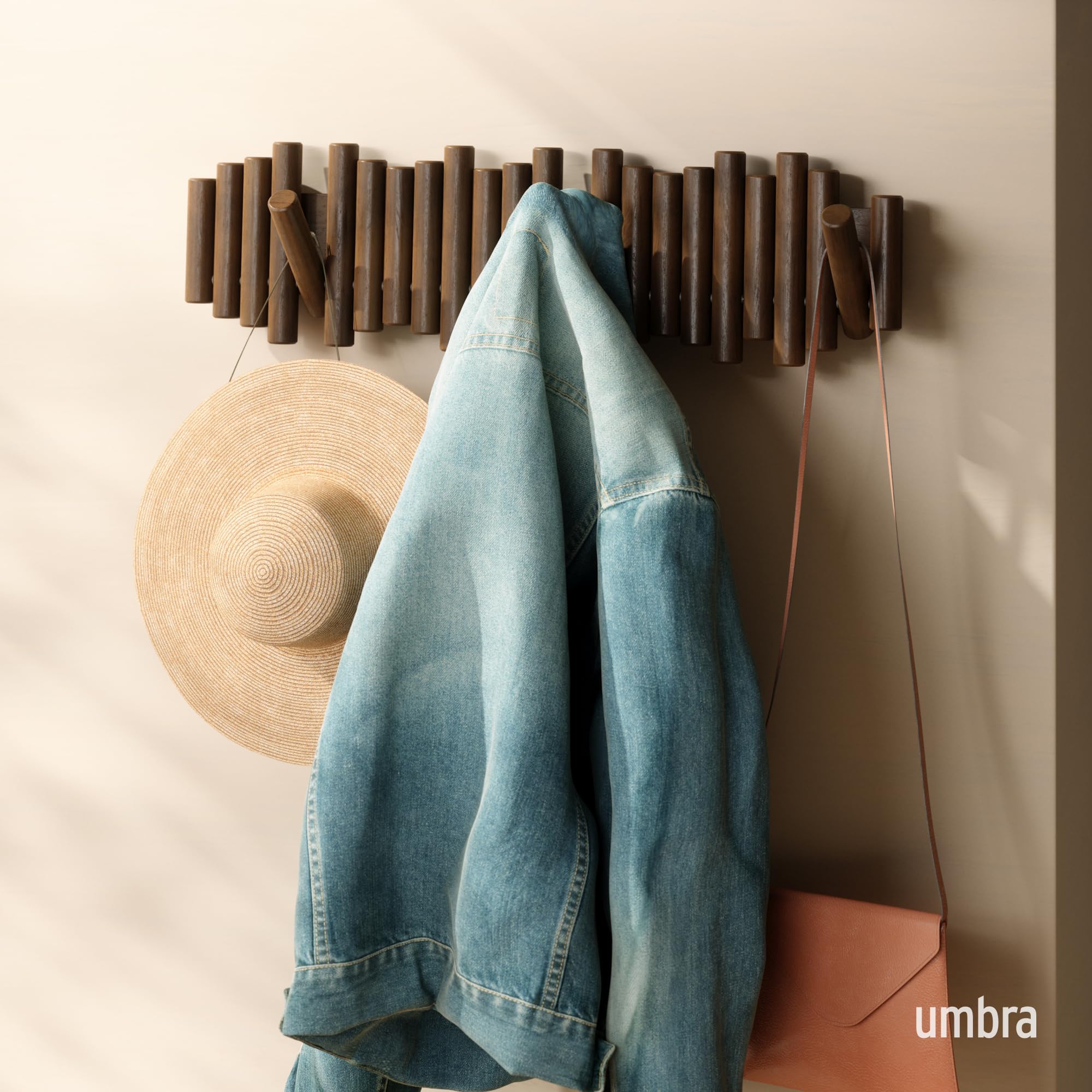 Umbra Picket Wall-Mounted Coat Rack Rail Hook with 5 Retractable Wood Pegs – Modern, Space-Saving Storage Organizer, Black