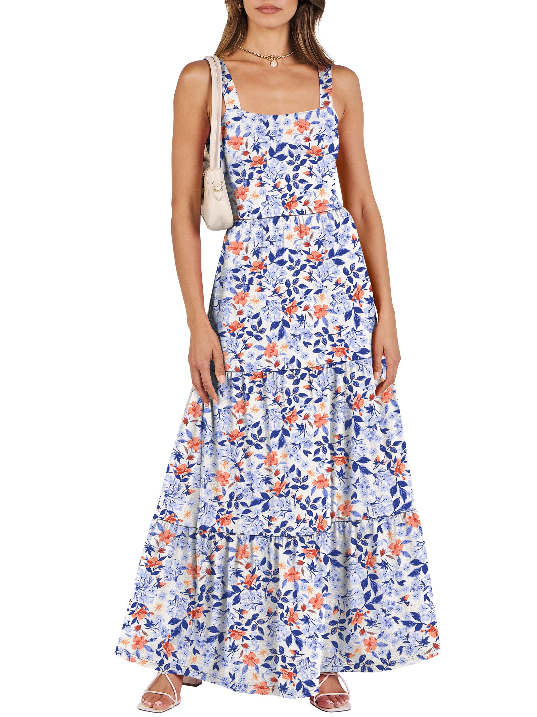 ANRABESS Women's Summer Casual Long Maxi Beach Vacation Dresses Sleeveless Square Neck Flowy Tiered Sun Dress with Pockets