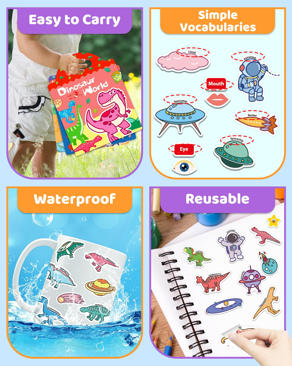 Benresive Reusable Sticker Book for Toddlers, Stickers for Kids, Travel Toys for Arts & Crafts Activities, Birthday Gift for Boys & Girls, Animals Dinosaurs Insects Themes