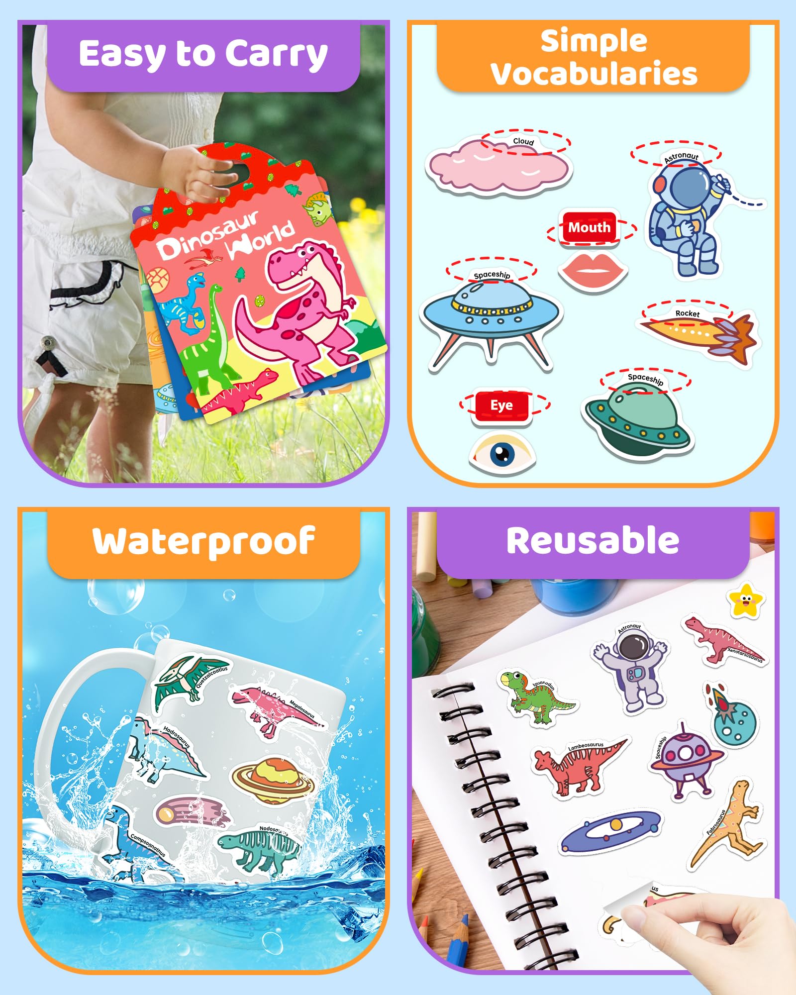 Benresive Reusable Sticker Book for Toddlers, Stickers for Kids, Travel Toys for Arts & Crafts Activities, Birthday Gift for Boys & Girls, Animals Dinosaurs Insects Themes