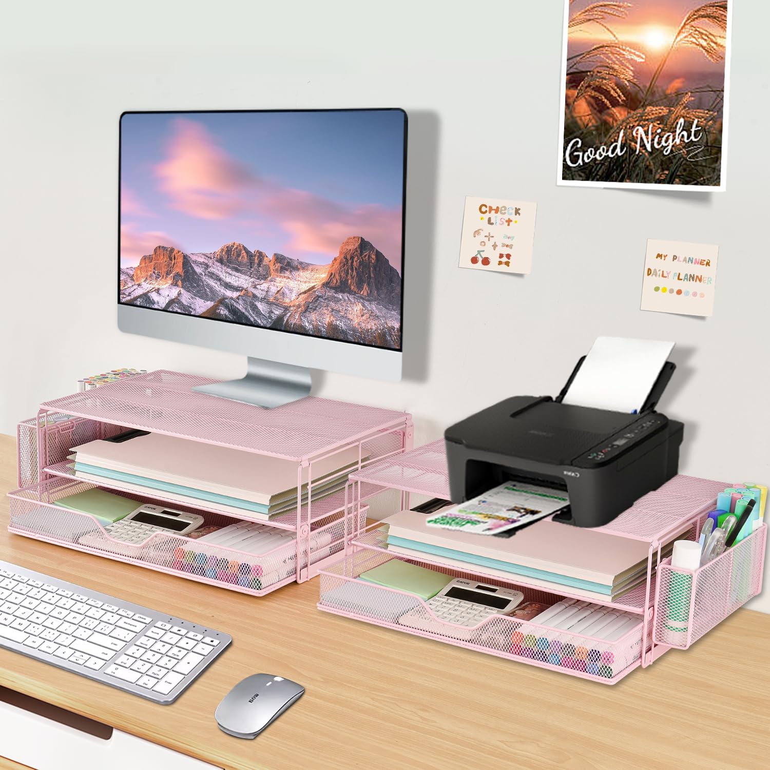AUPSEN 2 Tier Computer Monitor Stands with Drawer and 2 Pencil Holder, Metal Monitor Stand Monitor riser, Computer Desk Organizer and Accessories for Laptop, Computer, Printer, Office Supplies(Black)