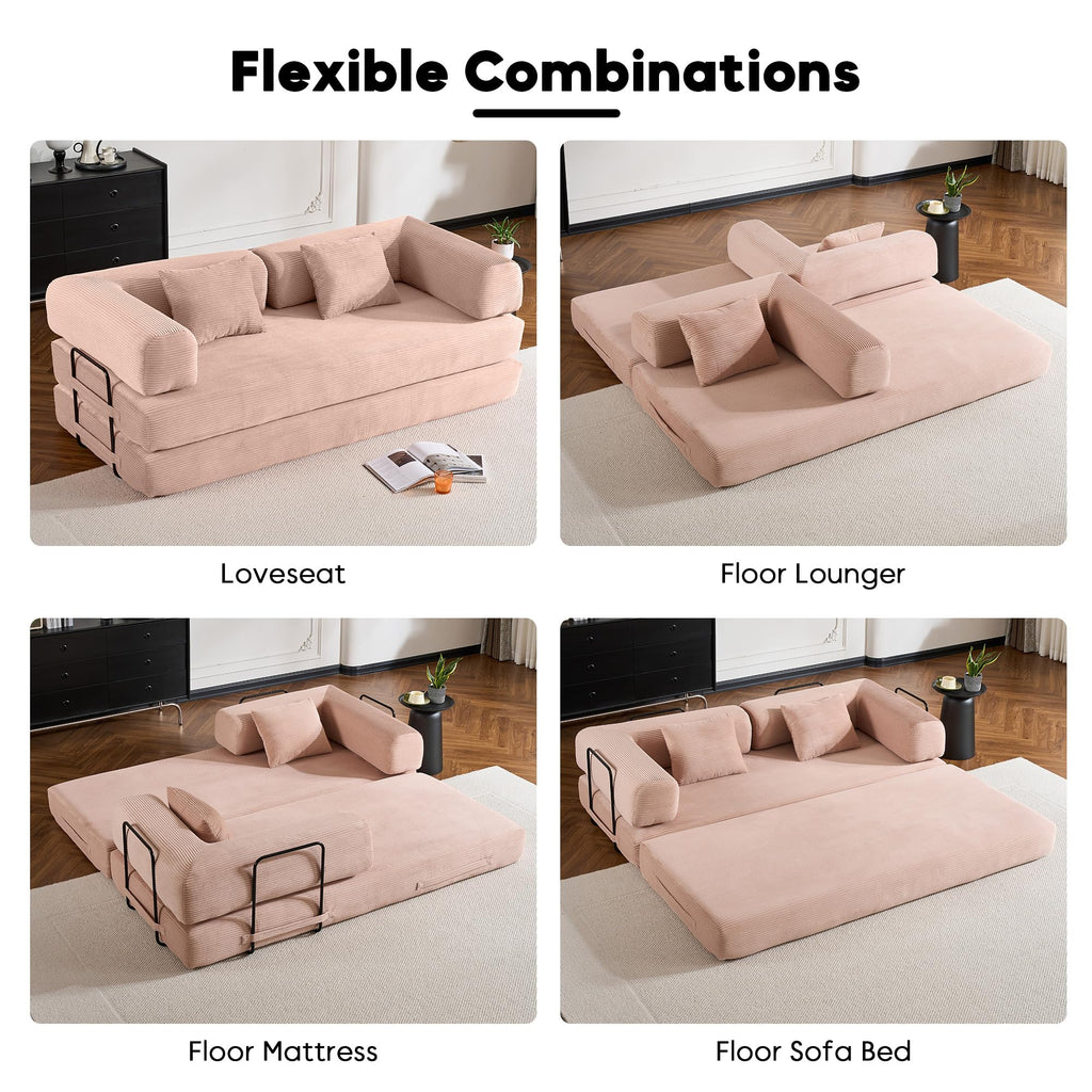ZEIINPA 59“ Convertible Floor Sofa Bed, 5-in-1 Futon Sofa Bed Pull Out Sleeper Couch, Modern Corduroy Compressed Loveseat, Modular Boneless Couches for Living Room, No Assembly Required, Beige