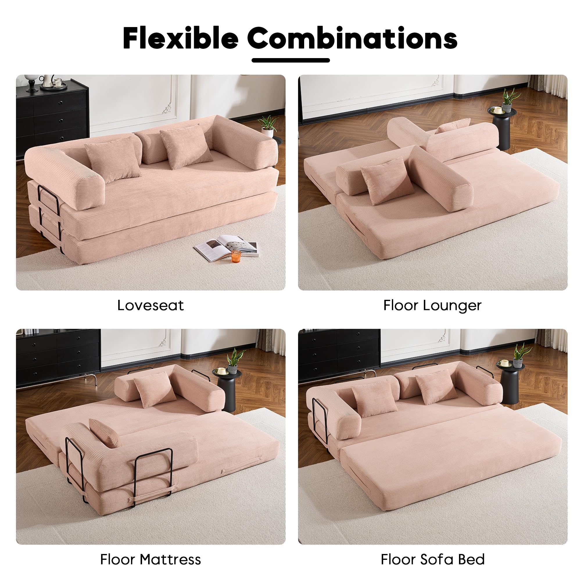 ZEIINPA 59“ Convertible Floor Sofa Bed, 5-in-1 Futon Sofa Bed Pull Out Sleeper Couch, Modern Corduroy Compressed Loveseat, Modular Boneless Couches for Living Room, No Assembly Required, Beige
