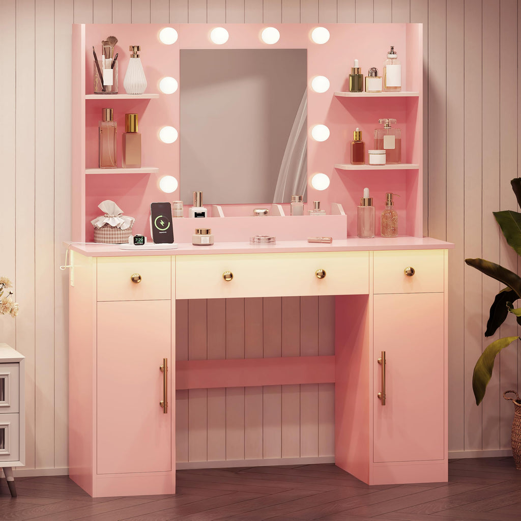 HUANLEGO Vanity Desk with Mirror and Lights, Makeup Vanity with Mirror and LED Lights & Power Outlet, 3 Drawers and Cabinets, 3 Lighting Modes Dressing Table Set for Girls Women Bedroom,Oak