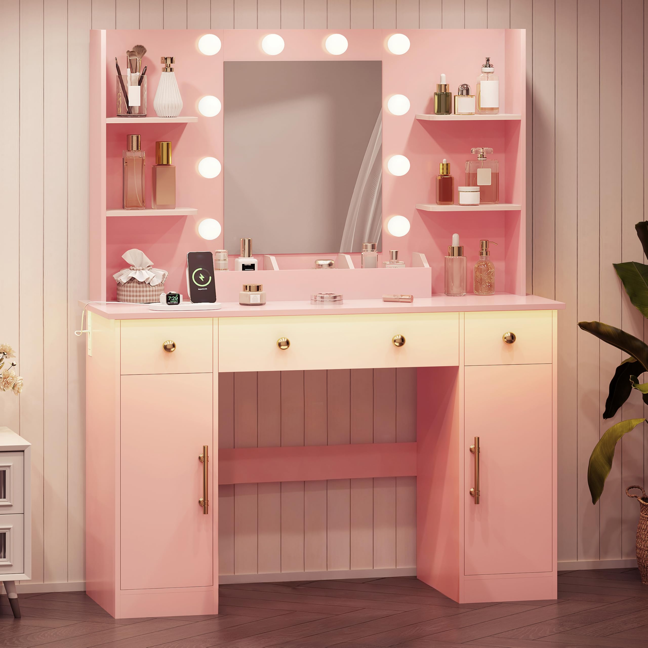 HUANLEGO Vanity Desk with Mirror and Lights, Makeup Vanity with Mirror and LED Lights & Power Outlet, 3 Drawers and Cabinets, 3 Lighting Modes Dressing Table Set for Girls Women Bedroom,Oak