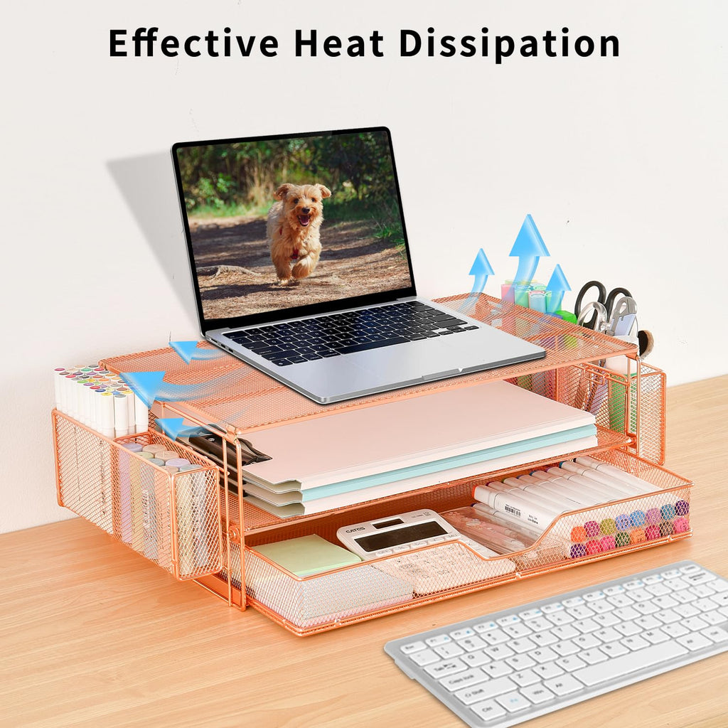 AUPSEN 2 Tier Computer Monitor Stands with Drawer and 2 Pencil Holder, Metal Monitor Stand Monitor riser, Computer Desk Organizer and Accessories for Laptop, Computer, Printer, Office Supplies(Black)