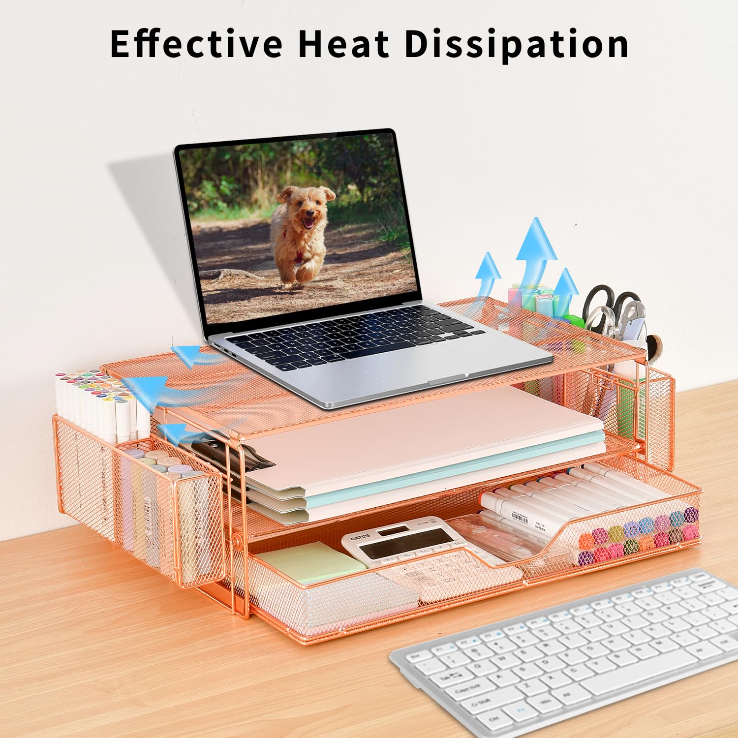 AUPSEN 2 Tier Computer Monitor Stands with Drawer and 2 Pencil Holder, Metal Monitor Stand Monitor riser, Computer Desk Organizer and Accessories for Laptop, Computer, Printer, Office Supplies(Black)