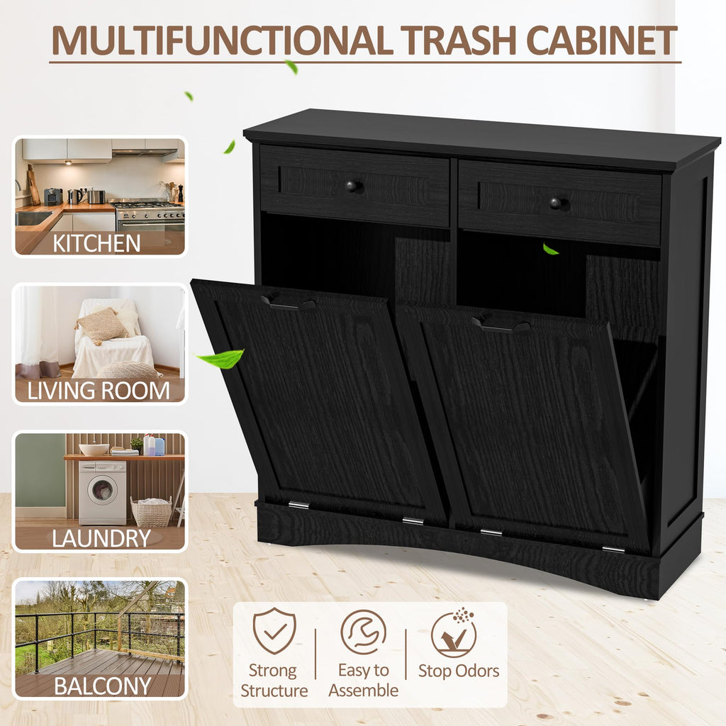 AHB Double Tilt Out Trash Can Cabinet Freestanding Kitchen Trash Can, 2x13 Gallons Hidden Garbage Recycling Cabinet with Hideaway Drawers Pet Proof Trash Can Holder for Kitchen, Antique White