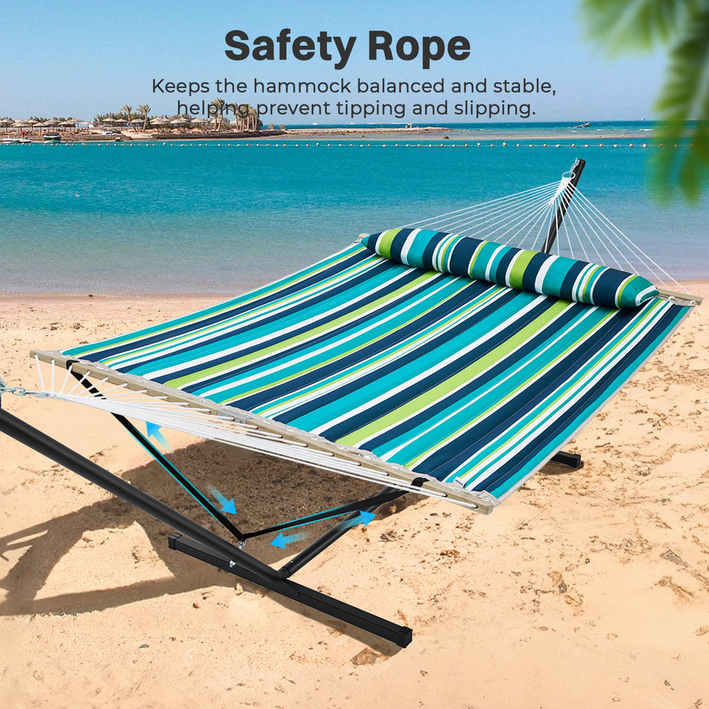 SUPERJARE Hammock with Stand, 2 Person Quilted Outdoor Hammock, Detachable Pillow & Bamboo Spreaders, Portable Hammock with Carrying Bag, Heavy Duty Stand, Perfect for Outside, Patio, Aqua Blue