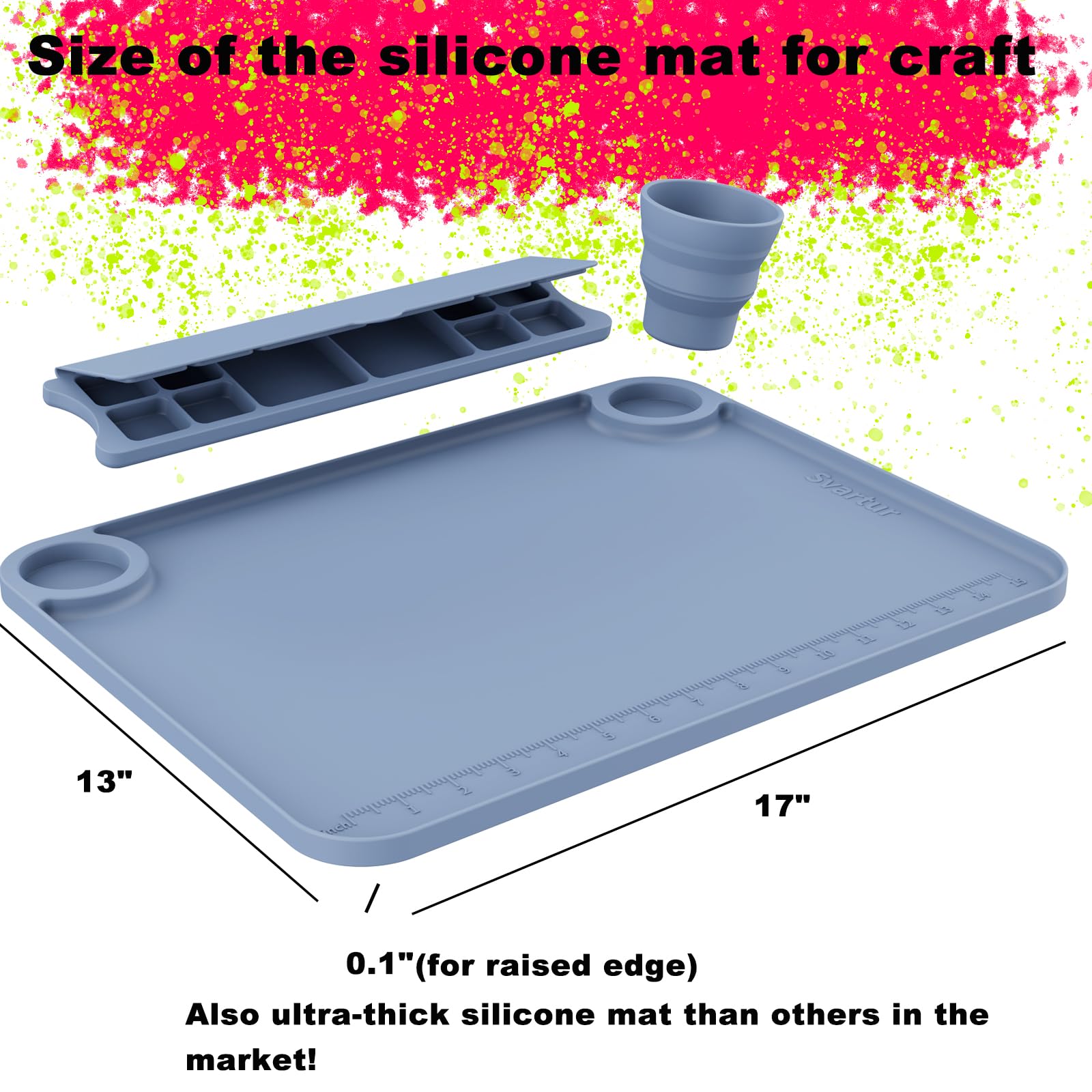 Svartur Silicone Art Mat - 17" X 13" With Cup and Palette, Raised Edge for Craft, Artist Creator Mat for Resin DIY, Coral Pink
