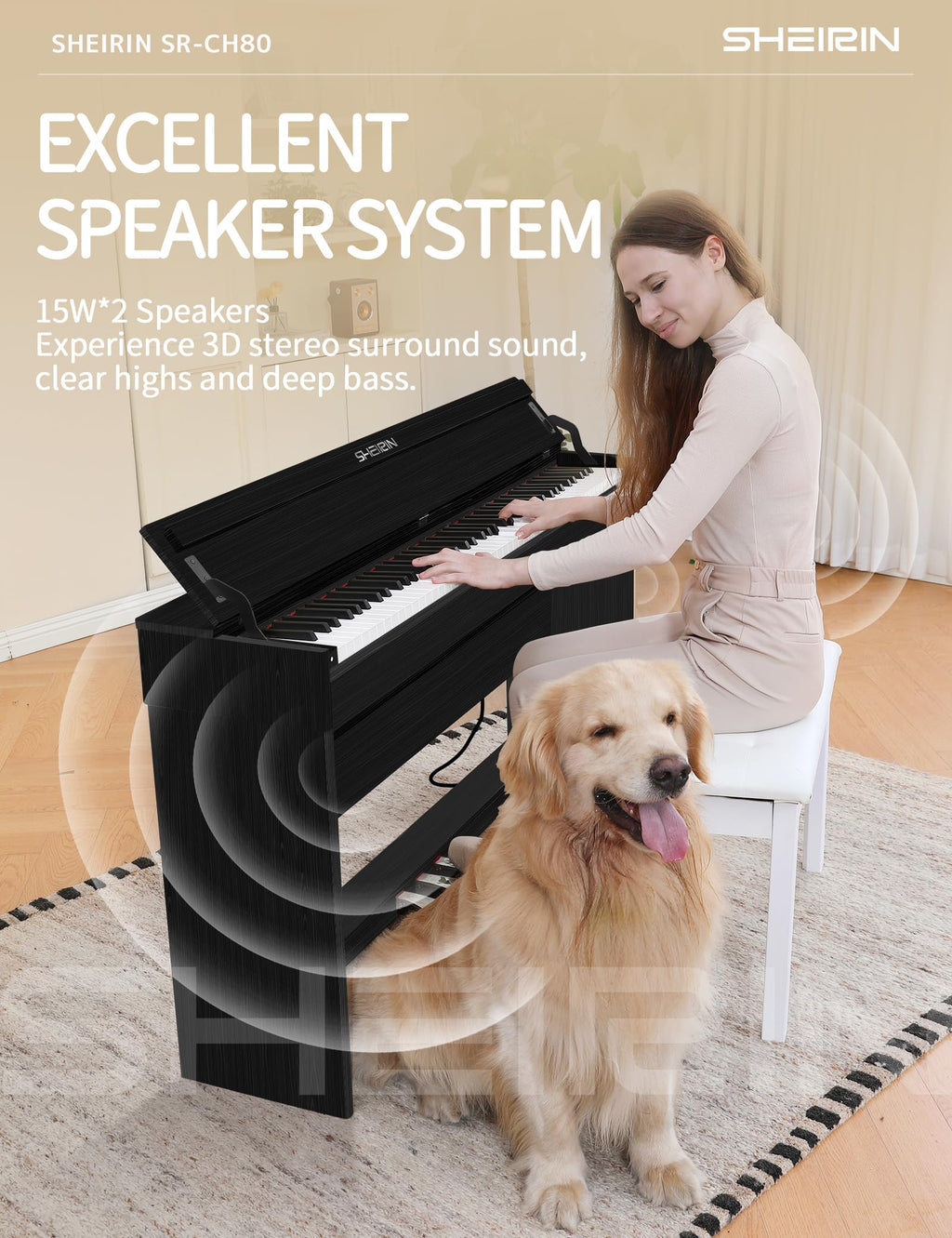 Digital Piano Hammer Action Keyboard 88 Keys Upright Acoustic Electric Weighted Piano Beginner MIDI Cover Full Size Sustain Pedal Stand Real Professional SR-FH80 (Beige Full Cover)