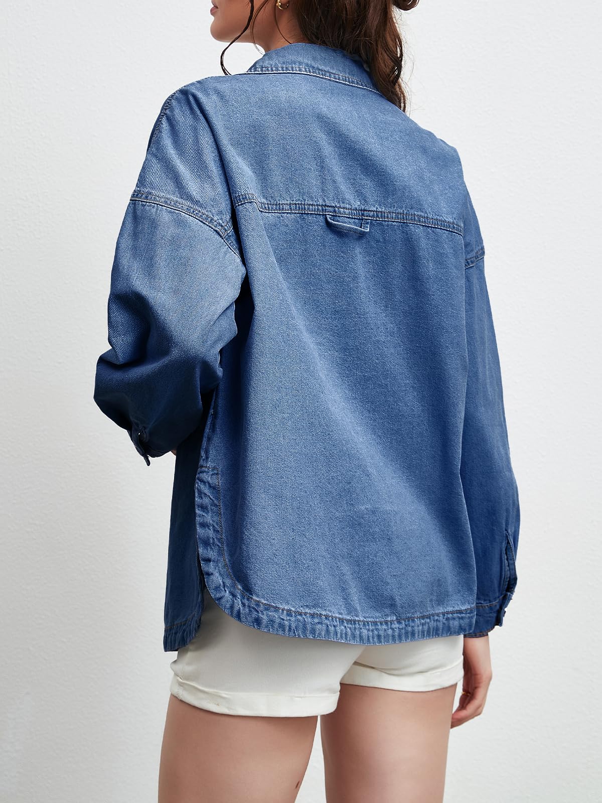 LifeShe Women Denim Shirt Jean Jacket Oversize Button Down Shirt Long Sleeve Jean Tops Trendy Shackets