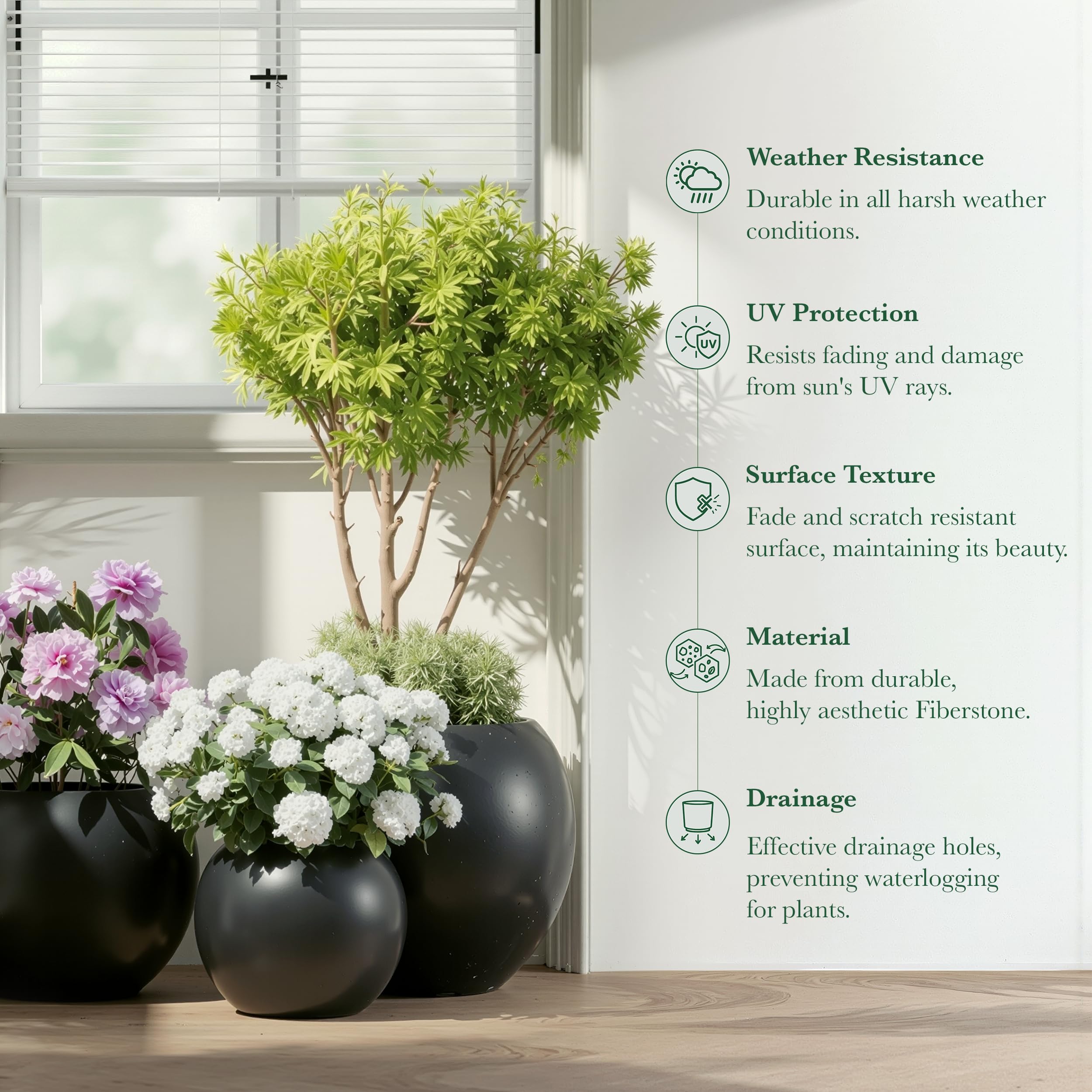 DTY Fiberstone Globe Planter Indoor Outdoor — Lightweight Sphere Ball Pot for Olive Tree, Monstera & Palm | Fiberglass Stone | UV Resistant, Drainage Hole | 2 Coco Mats | Black | 12.6" D × 10" H