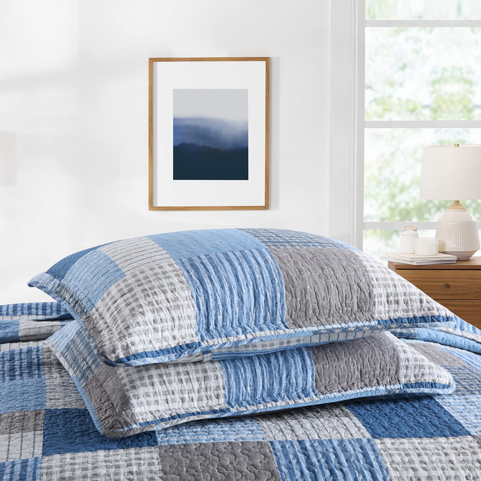 Y-PLWOMEN 100% Cotton Farmhouse Plaid Lightweight 3-Pieces Quilt Set (Blue Brown, Queen90 * 98 Inch)