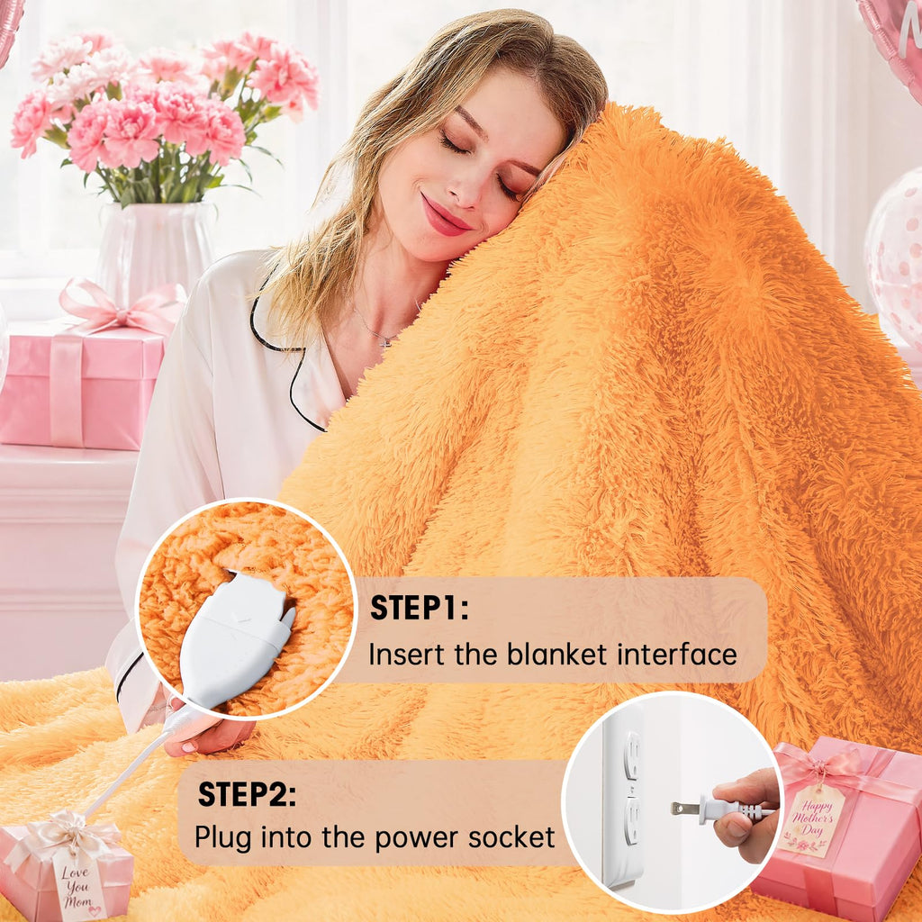 Heated Electric Blanket Queen–Faux Fur with Soft Thick SherpaWarm Winter Birthday Gifts for Women Grandma,Dual Control,10 Heat Settings,5 Time Settings, 84x90, Beige