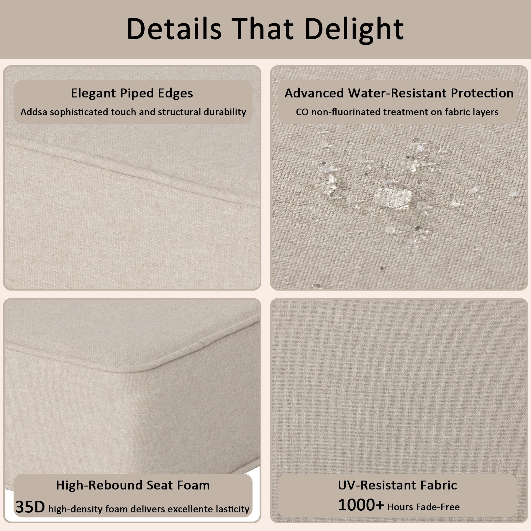COZYVIDA 5.1" Thick Outdoor Patio Cushions Set of 2, 22"x24"x5.1" Seat, C0 Water-Resistant Breathable Fabric, UV-Resistant 1000+ Hrs, 35D Foam with Recycled Fiber Fill,Beige