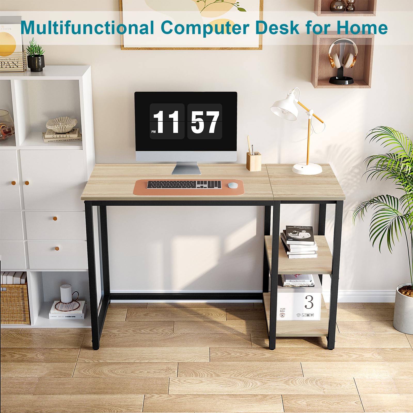 SINPAID 40 Inch Small Gaming Desk with Shelves for Small Spaces, Easy Assembly Study Desk, Sturdy Writing Desk for Bedroom & Home Office, Black