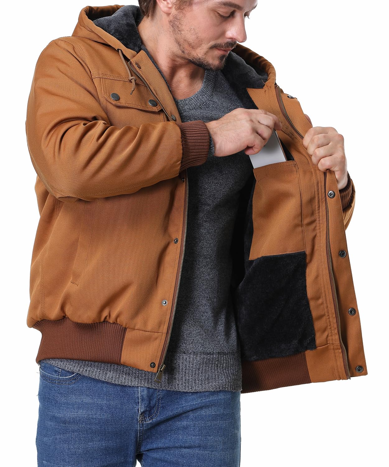 TUAOVA Men's Fit Relaxed Work Coat Fleece Lined Waterproof Workwear Winter Hooded Jacket with Multiple Pockets