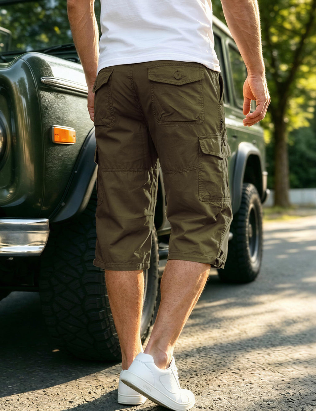 EKLENTSON Men's Cargo Shorts Casual Twill Elastic 3/4 Capri Pants Below Knee Long Shorts with 7 Pockets