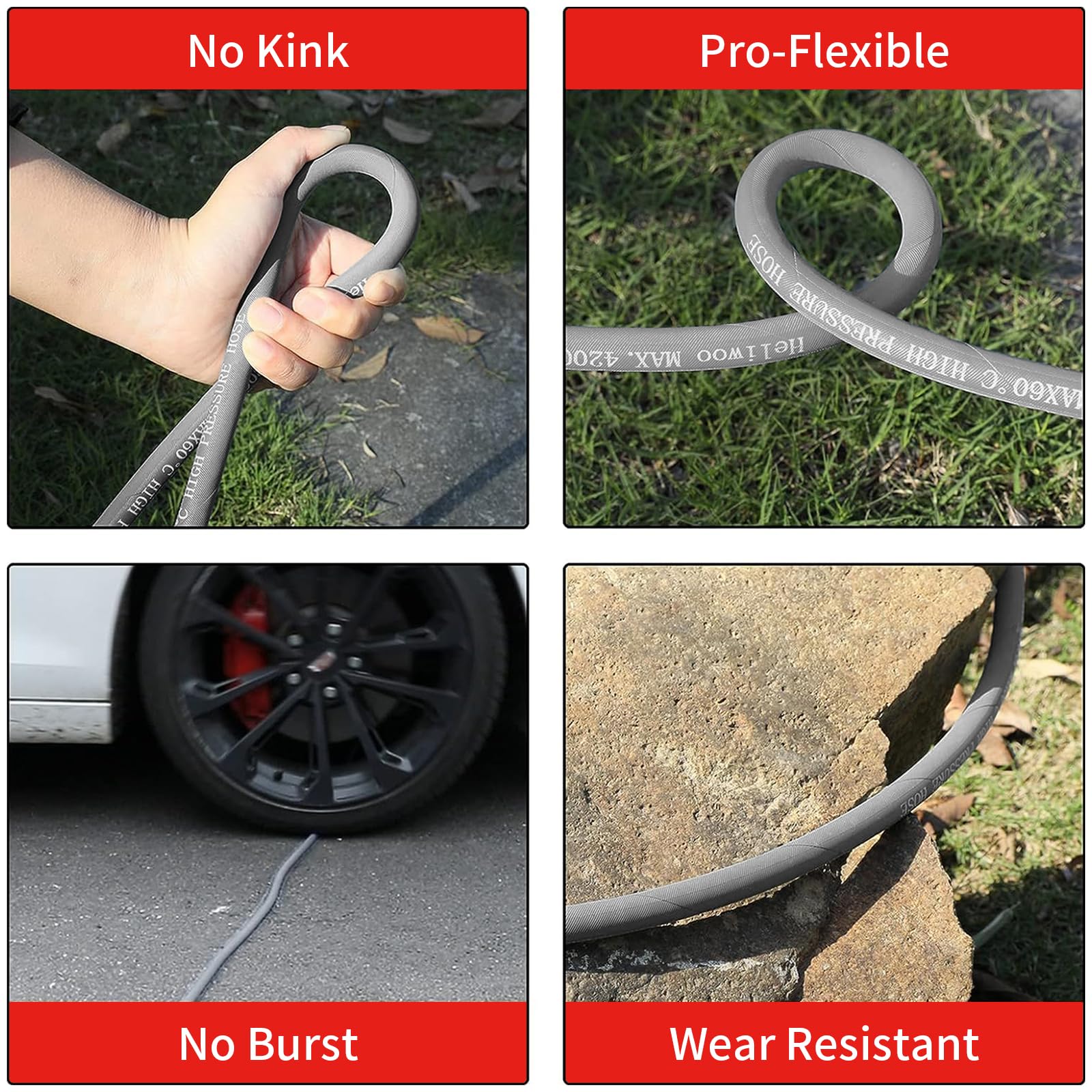 Pressure Washer Hose 25FT, 4200PSI High Tensile Wire Braid Kink Resistant Power Washer Extension Hose, 1/4'' Flexible Replacement Hose with M22-14mm Brass Swivel Thread and 3/8 Quick Connect
