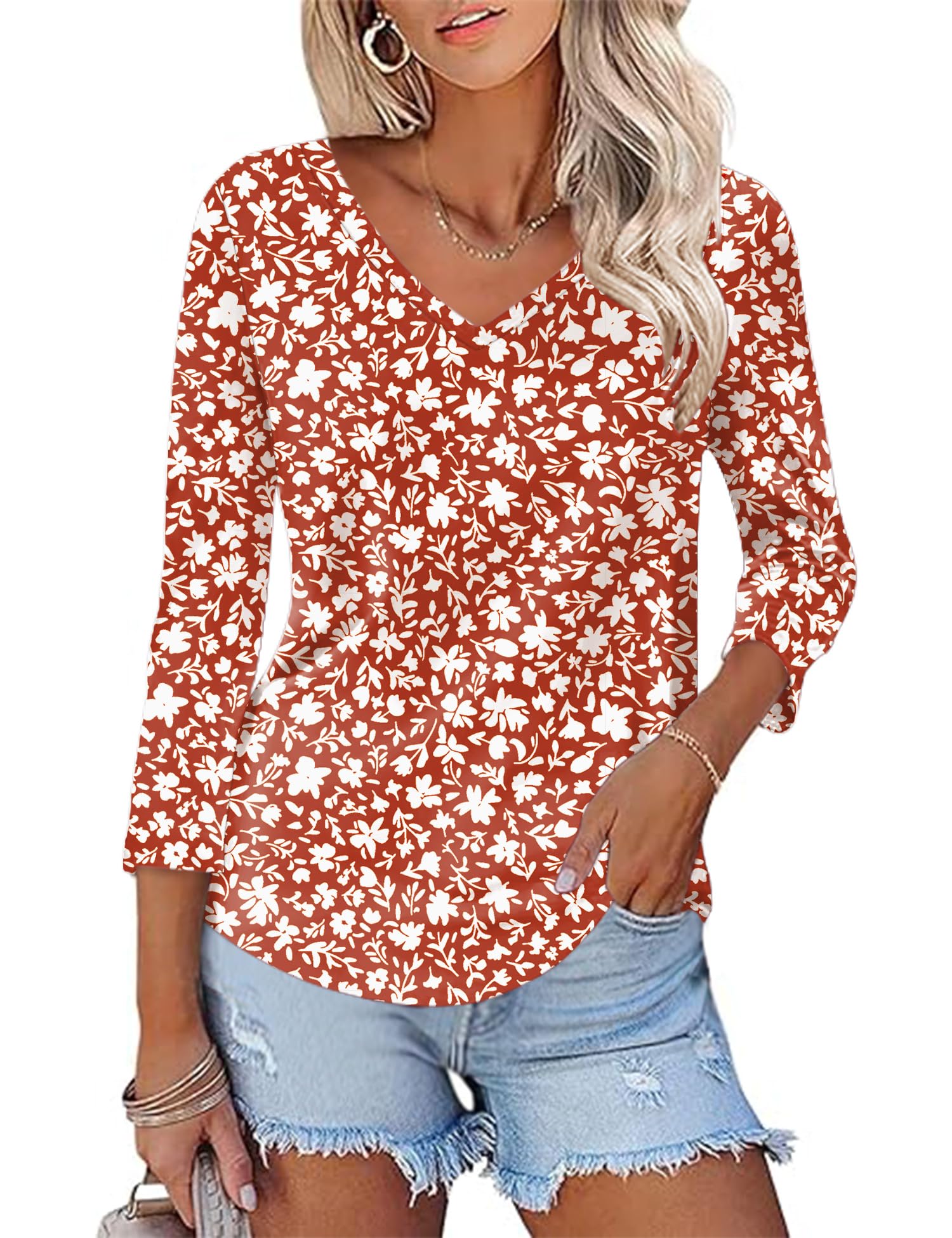 KTILG Women's V Neck T Shirts 3/4 Sleeve Blouse Summer Tops Dressy Casual Solid Basic Tees