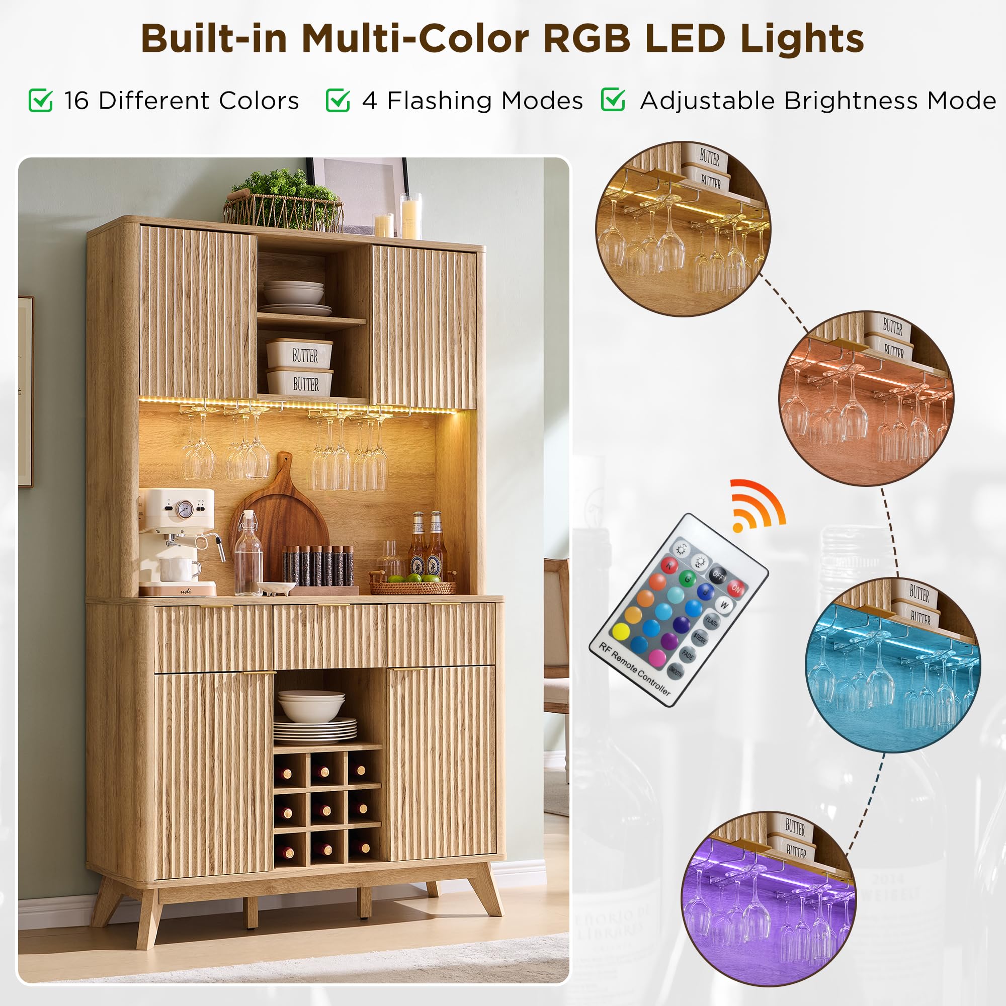 OKD 72" Tall Fluted Coffee Bar Cabinet with Ample Storage, Modern Buffet Sideboard with Glass Holder/Wine Rack/Led Lights/Charging Station, Wine Cabinet for Kitchen, Dining Room, Home Bar, Dark Walnut