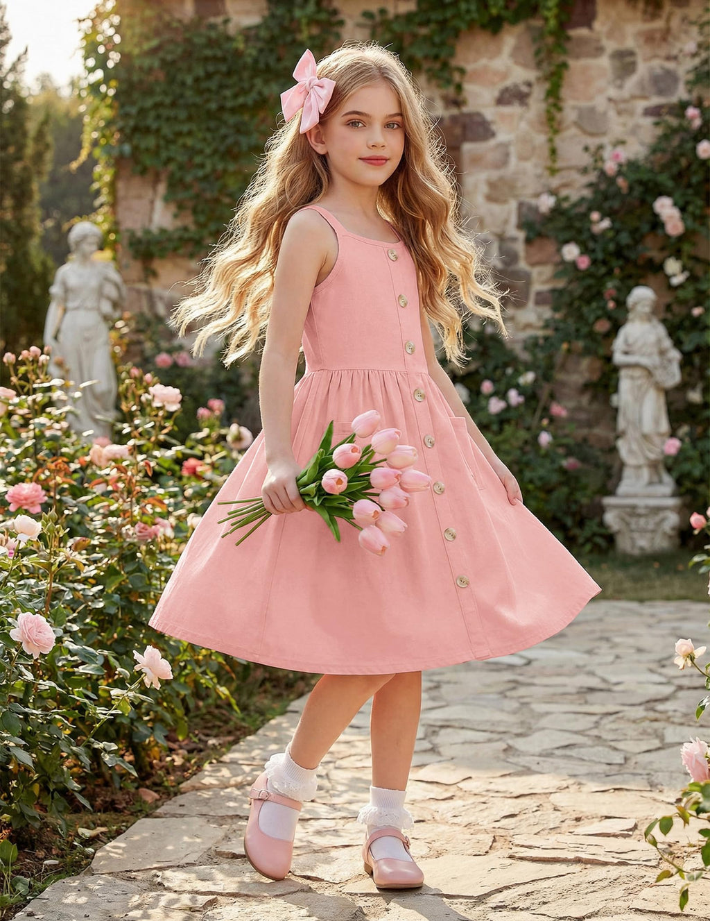 Arshiner Girl's Spaghetti Strap Button Down Midi Sleeveless Summer Casual Sundress A-line Dress with Pockets