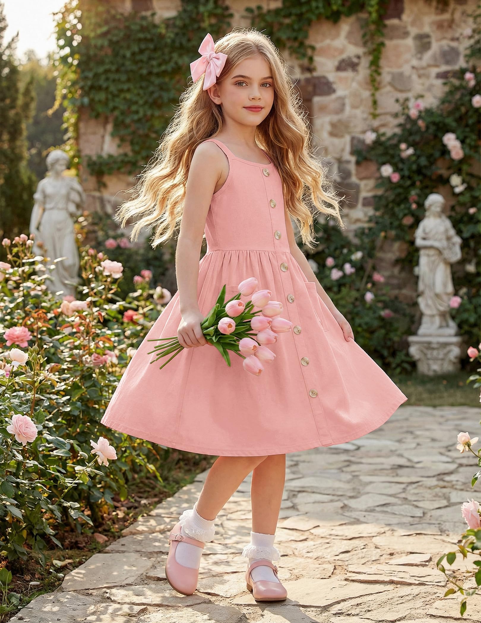 Arshiner Girl's Spaghetti Strap Button Down Midi Sleeveless Summer Casual Sundress A-line Dress with Pockets