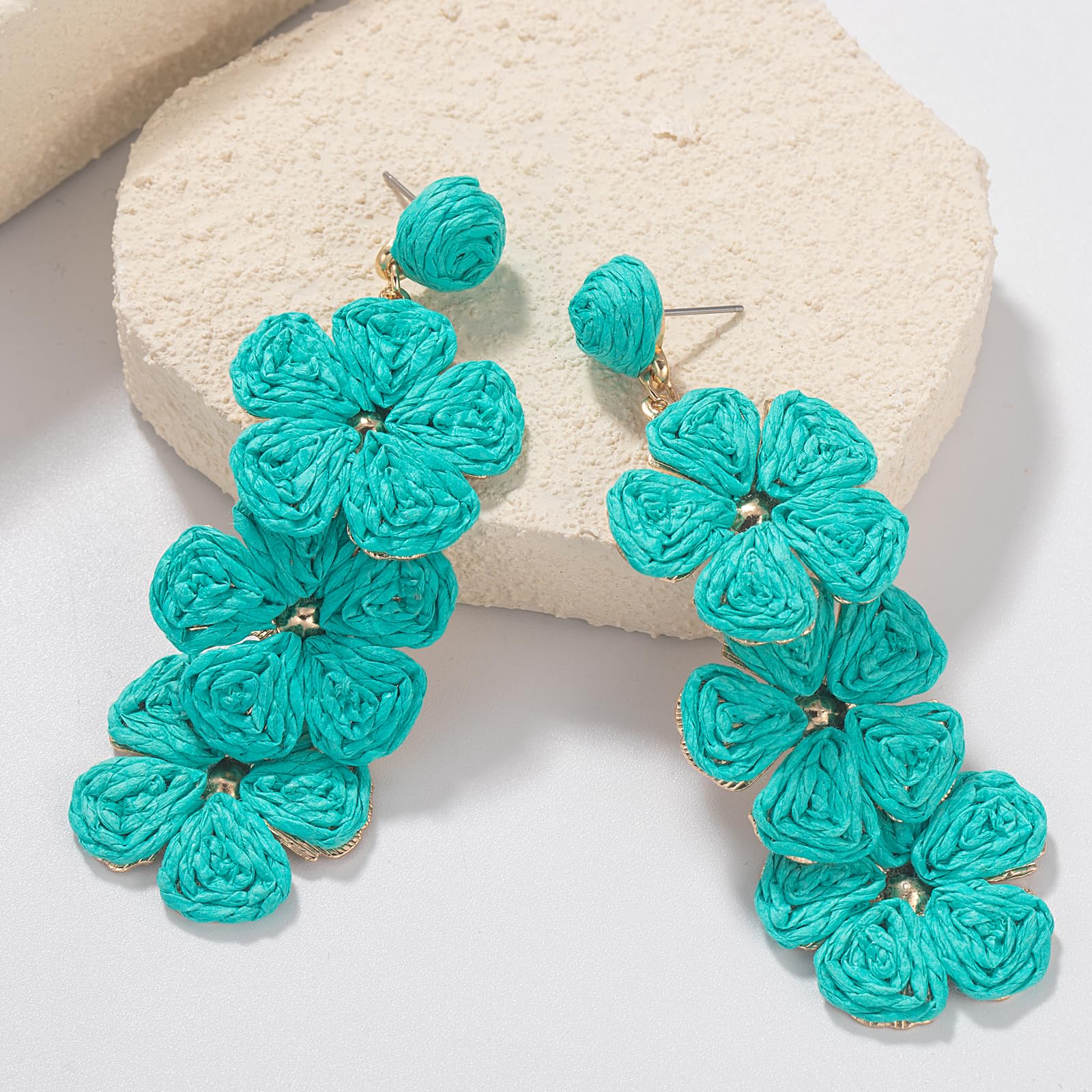 Boho Flower Earrings Statement Raffia Dangle Earrings Cute Floral Jewelry Trendy Summer Beach Vacation Outfits for Women