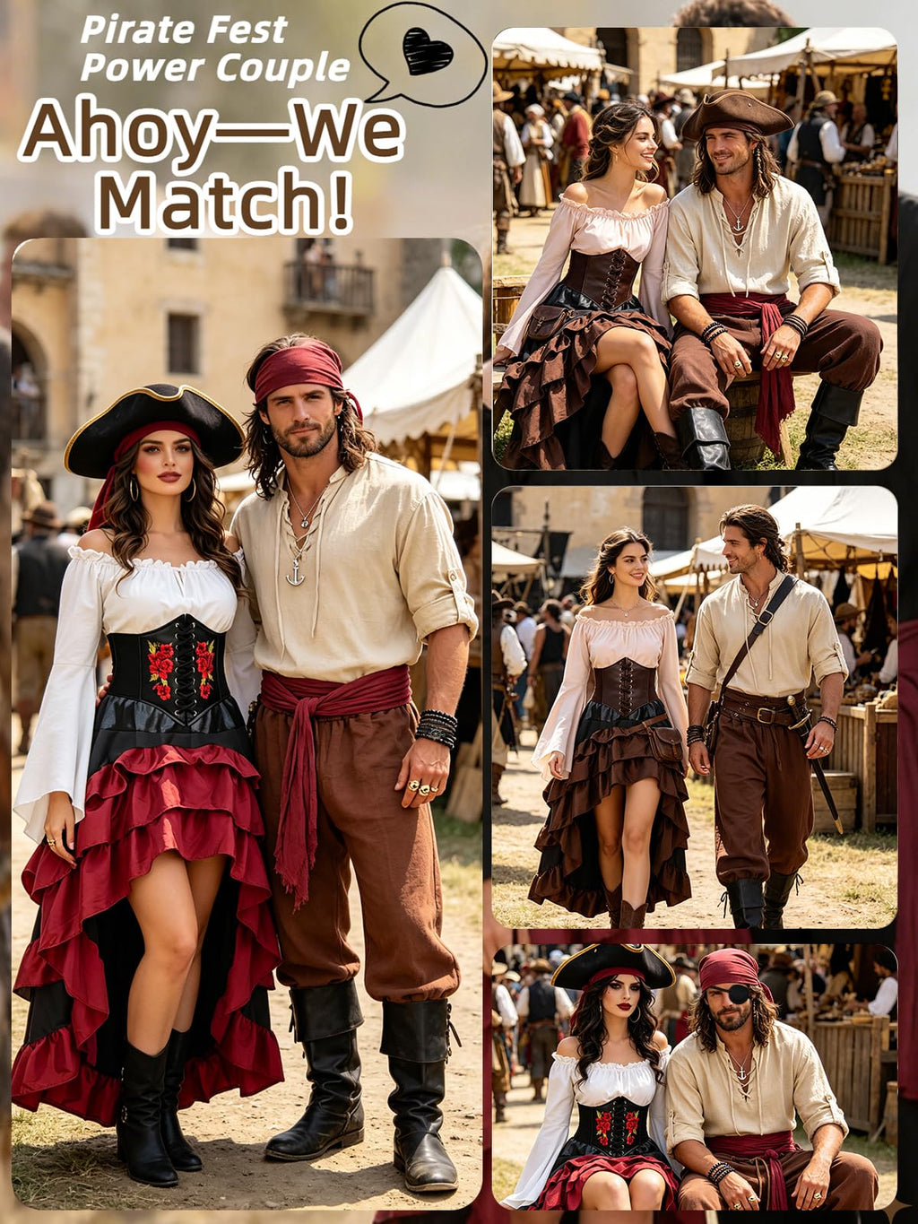 Verceco Mens Pirate Costume Outfit Renaissance Costume Men Medieval Outfit With Pirate Pants Shirts Sash Accessories (Black, Medium)
