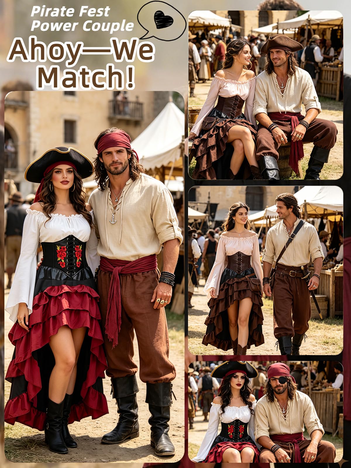 Verceco Mens Pirate Costume Outfit Renaissance Costume Men Medieval Outfit With Pirate Pants Shirts Sash Accessories (Black, Medium)