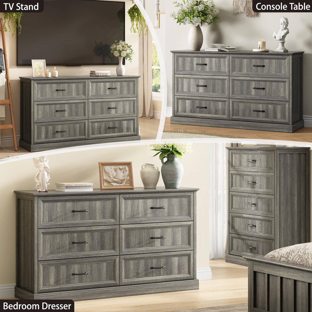Farmhouse 5 Drawers Dresser for Bedroom, 44" Tall Brown dresser Wood Rustic Chest of Drawers with Wide Metal Handle,Natural Texture,Drawer Organizer for Bedroom,Living Room,Hallway and Entryway