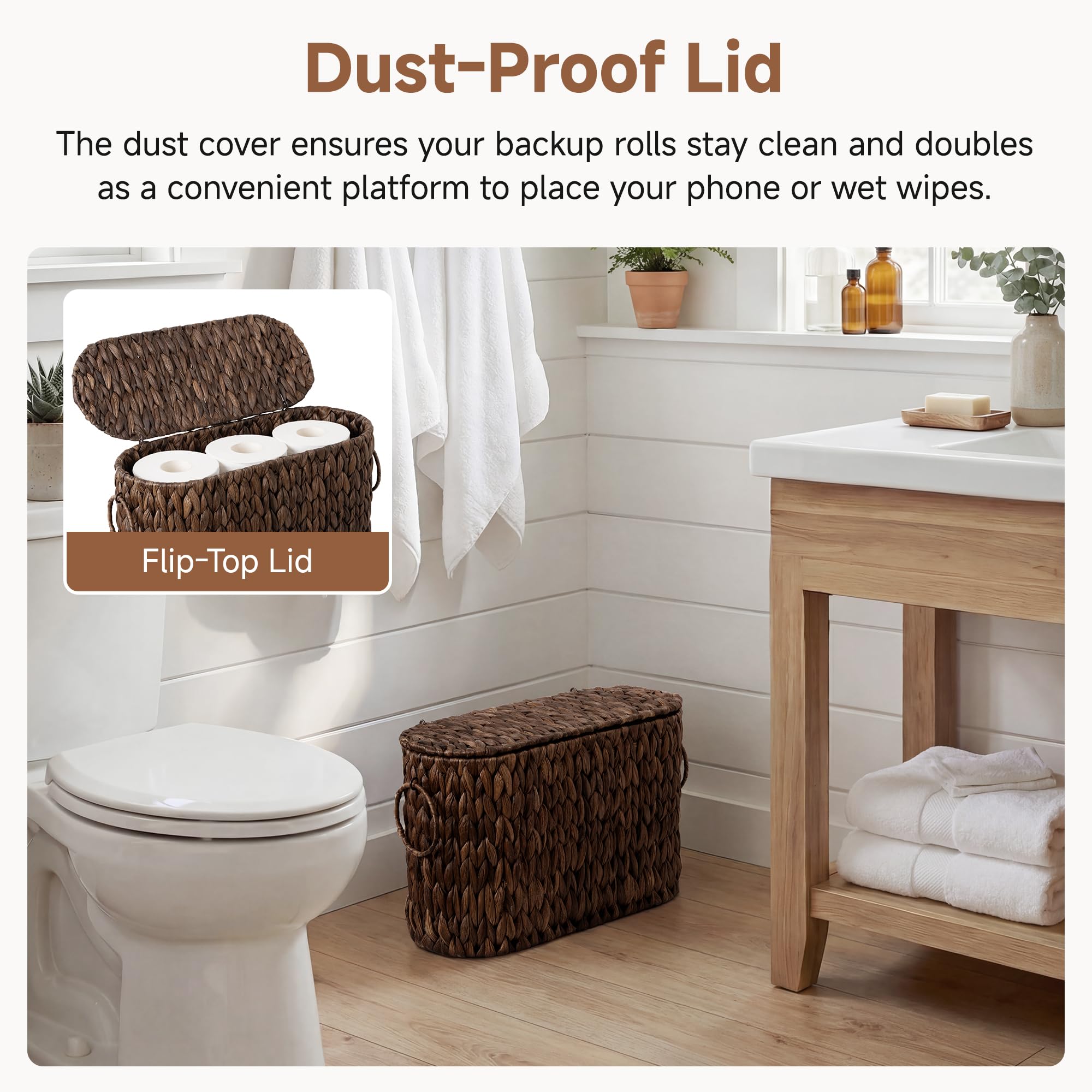 StorageWorks Bathroom Toilet Paper Storage Holder with Lid, Wicker Toilet Paper Basket for 6 Regular Rolls, Slim Basket Organizer with Handles, Water Hyacinth Storage Baskets for Bathroom, Brown