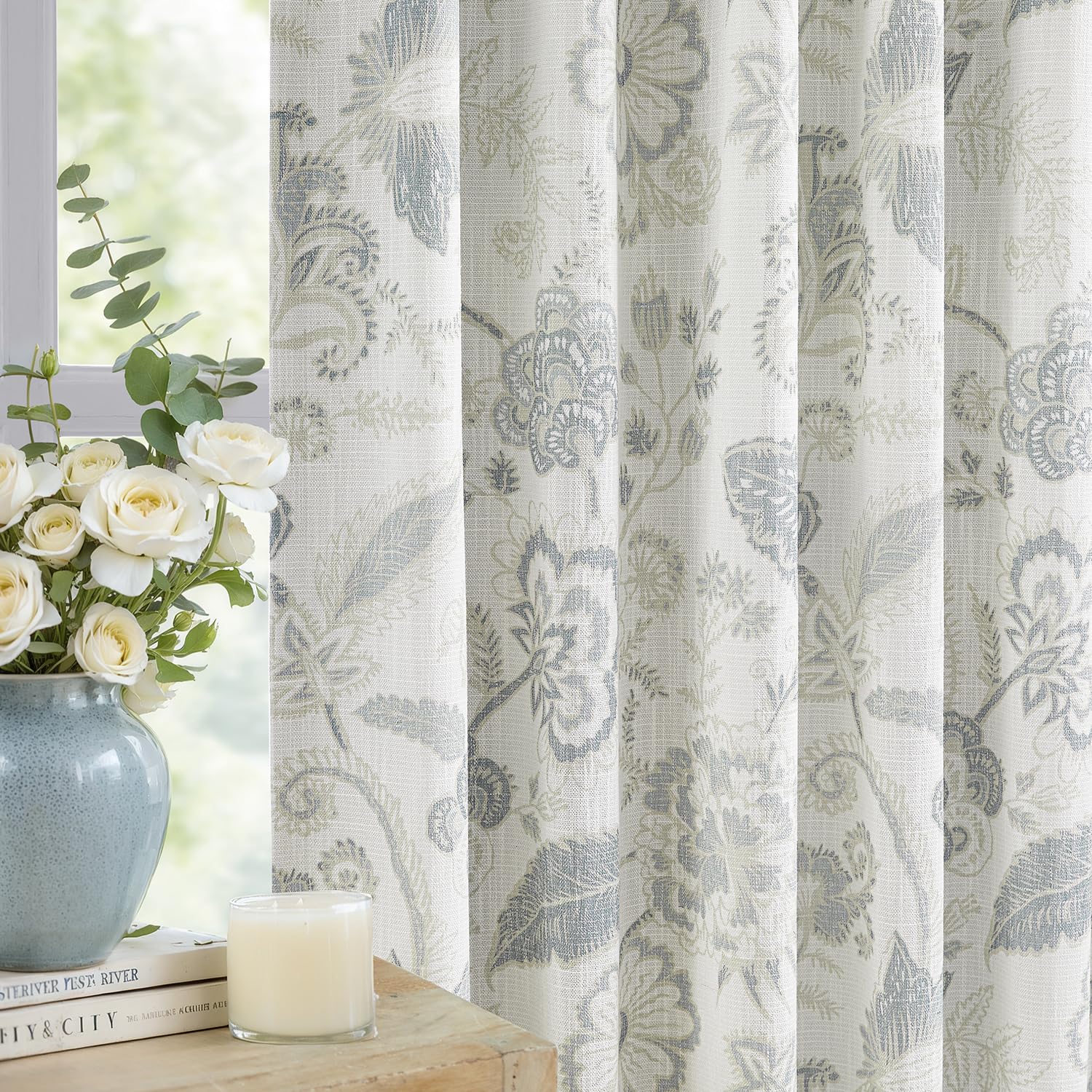 Kayne Studio Pinch Pleated Full Blackout Window Curtain Panels Botanical Floral Boho Leaf Print Country Farmhouse GreenYellow Room Darkening Thermal Insulated Window Treatment Bedroom,40"x84",2 Panels