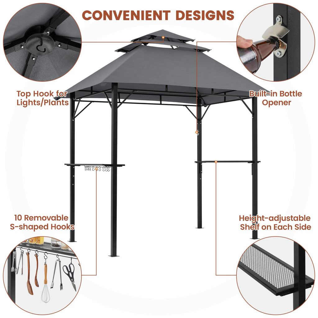 Yaheetech 8x5' Grill Gazebo, 3-Tier Outdoor BBQ Gazebo with Height-Adjustable Shelves & 10 S-Shaped Hooks & Built-in Bottle Opener, Brown