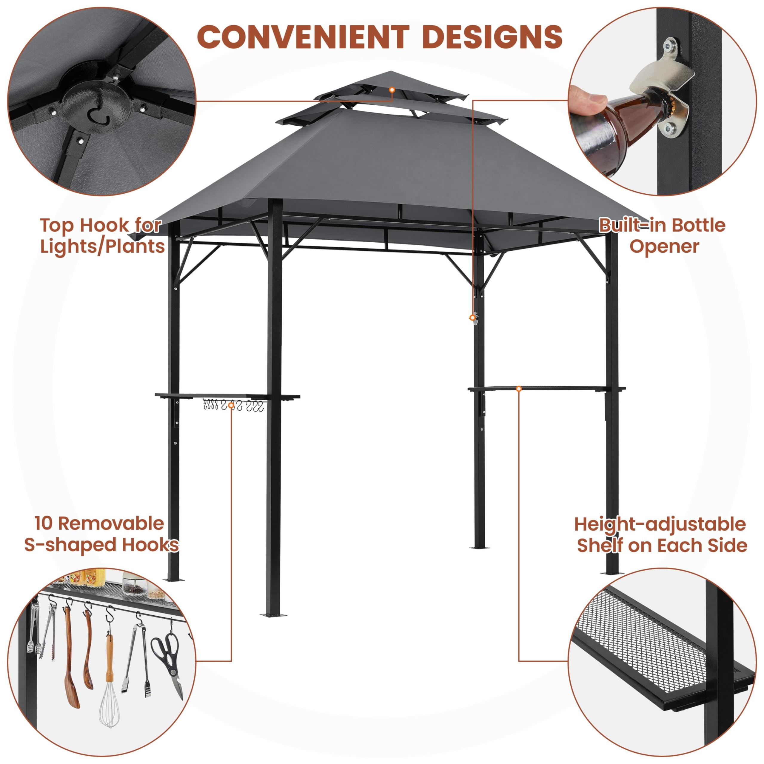 Yaheetech 8x5' Grill Gazebo, 3-Tier Outdoor BBQ Gazebo with Height-Adjustable Shelves & 10 S-Shaped Hooks & Built-in Bottle Opener, Brown