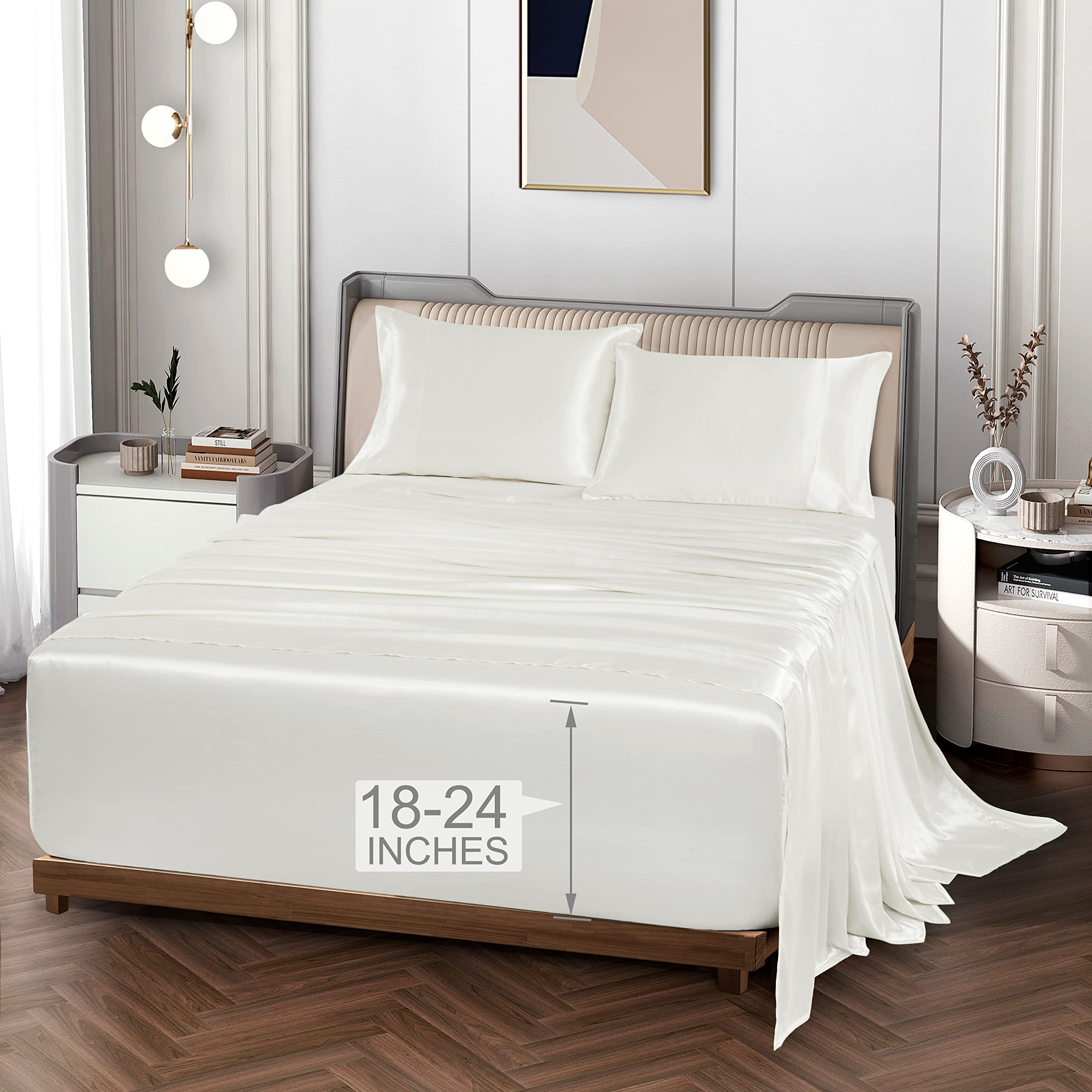 Vonty Extra Deep Pocket Full Sheet Sets - Cooling & Silky Satin Full Size Sheets with 18-24 Inch Deep Pocket, Black Satin Bed Sheets Fit Up to 24" Deep Mattress - 4 Piece Set