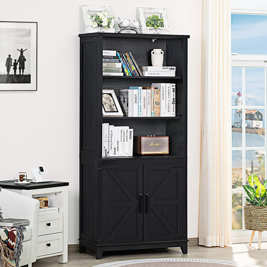 Joaxswe 70in Tall Bookshelf 5 Tier Bookcase with Barn Doors and Adjustable Shelves, Black Farmhouse Book Shelf with Storage Cabinet, Wood Freestanding Display Bookshelves for Bedroom, Living Room